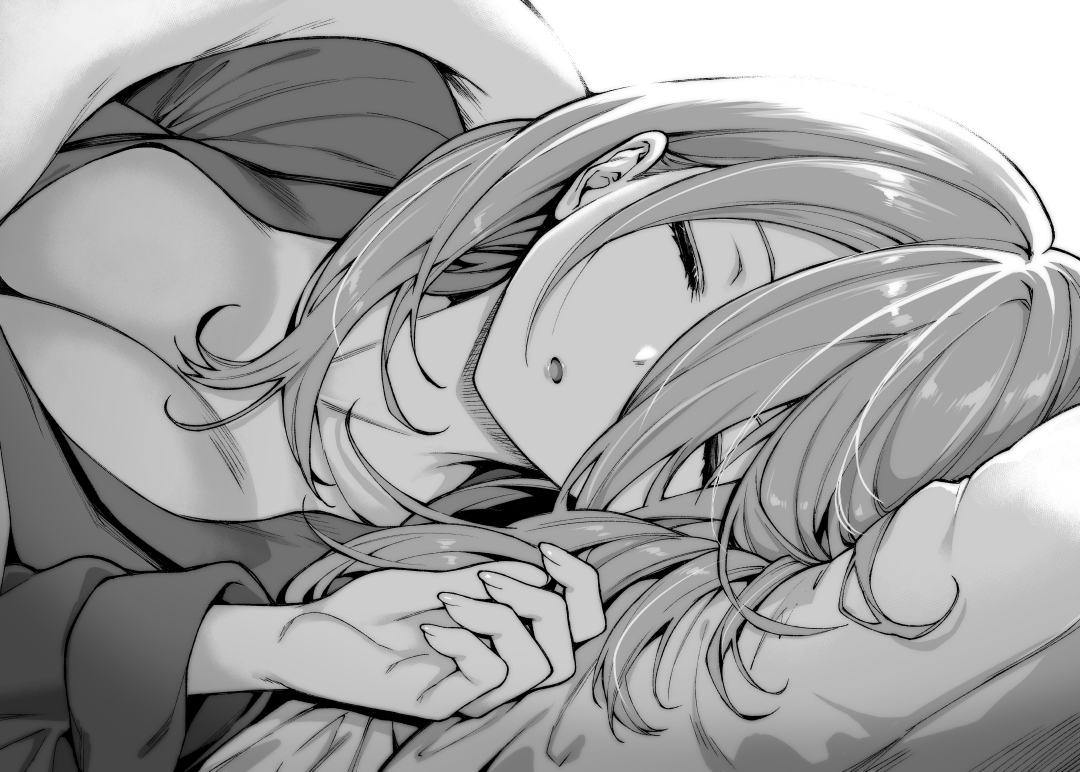bed, breasts, cleavage, close, go-toubun_no_hanayome, long_hair, monochrome, mushi024, nakano_miku, sleeping
