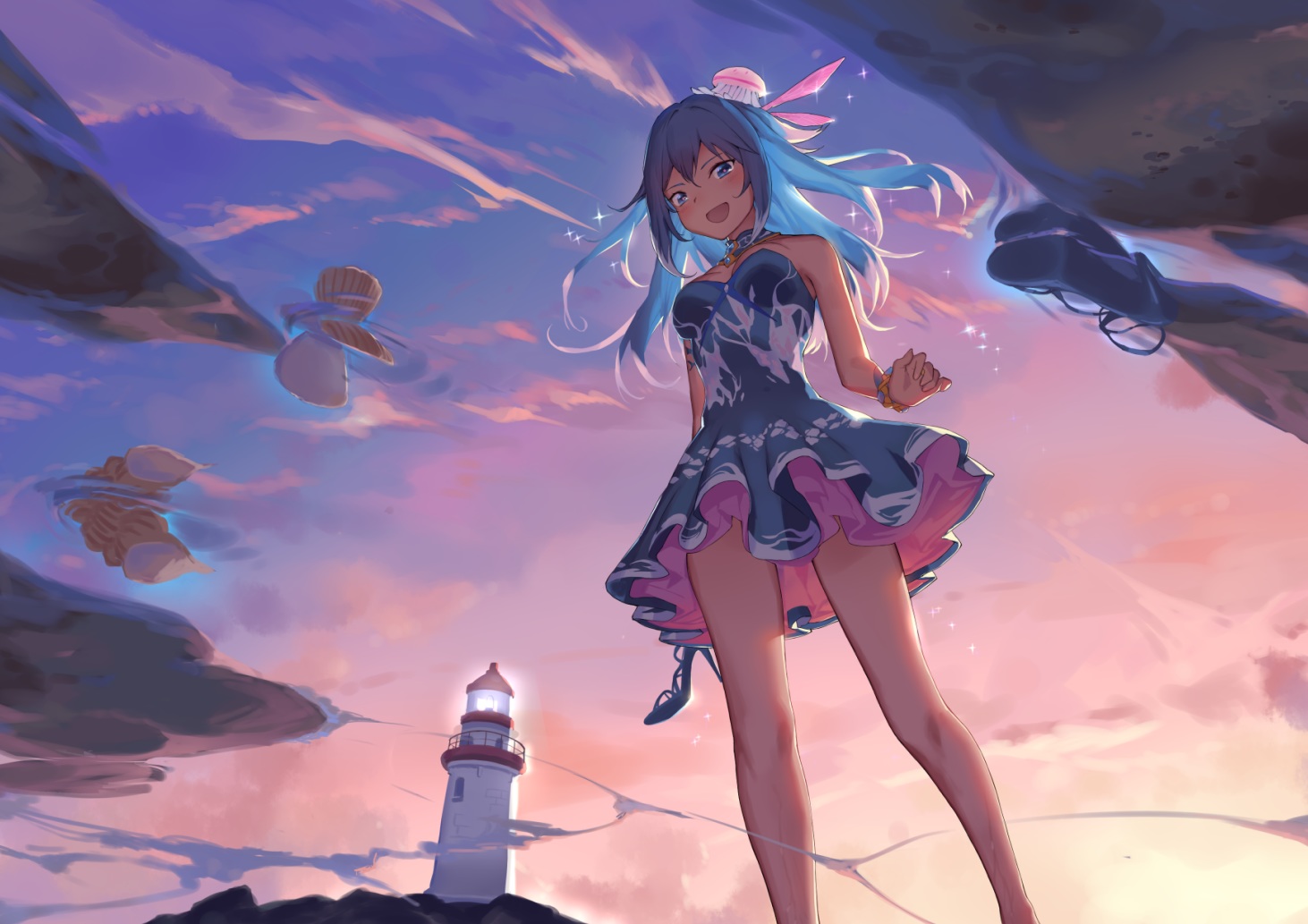 blue_eyes, blue_hair, clouds, dress, haiyi, lighthouse, long_hair, sky