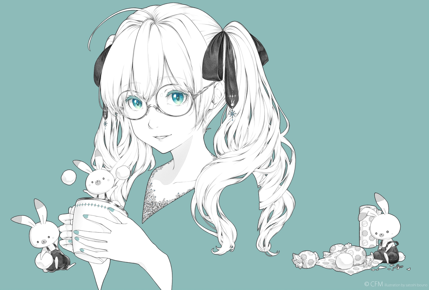 aliasing, animal, aqua_eyes, bouno_satoshi, drink, glasses, hatsune_miku, long_hair