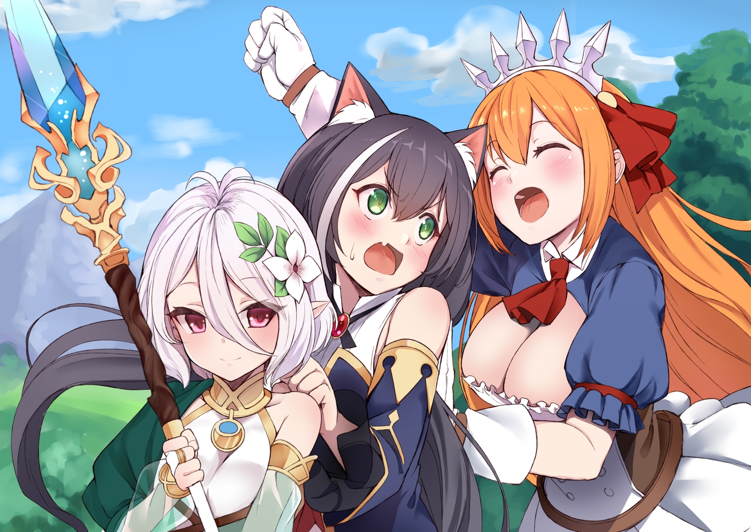animal_ears, baicha, black_hair, breasts, catgirl, cleavage, clouds, dress, fang, gloves, green_eyes, karyl, natsume_kokoro, orange_hair, pecorine, pink_eyes, pointed_ears, princess_connect!, short_hair, sky, spear, tiara, weapon, white_hair