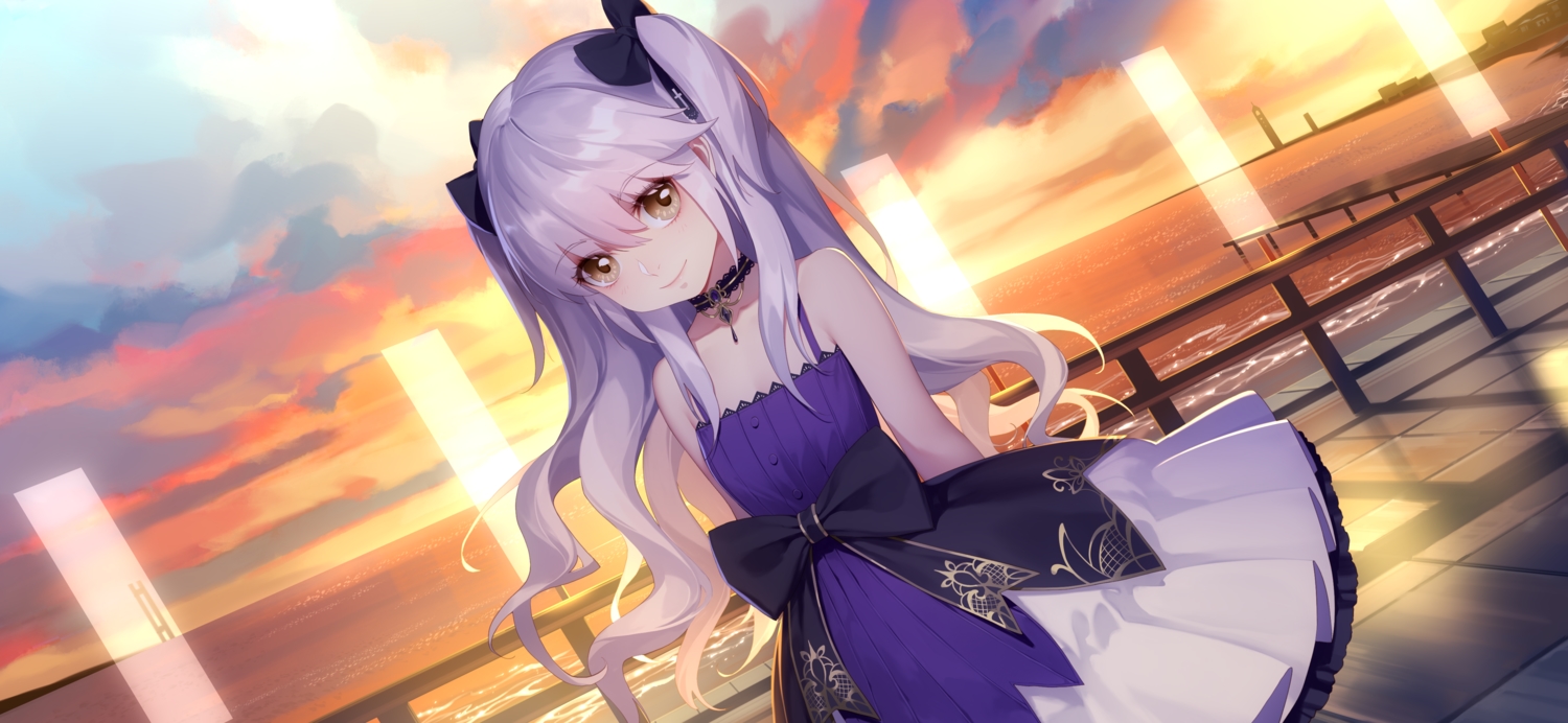 bow, brown_eyes, choker, clouds, daye_bie_qia_lian, flat_chest, goth-loli, loli