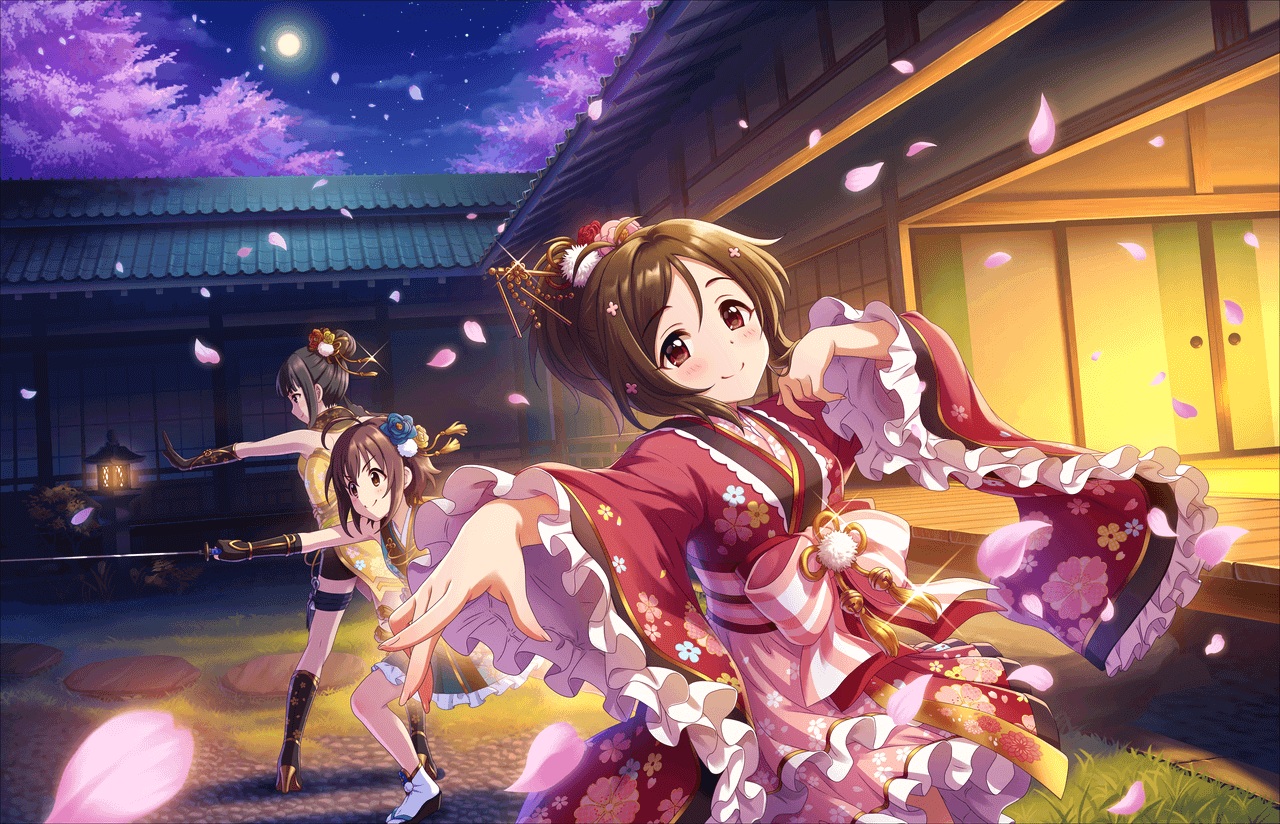 annin_doufu, black_hair, brown_eyes, brown_hair, building, cherry_blossoms, clouds, doumyouji_karin