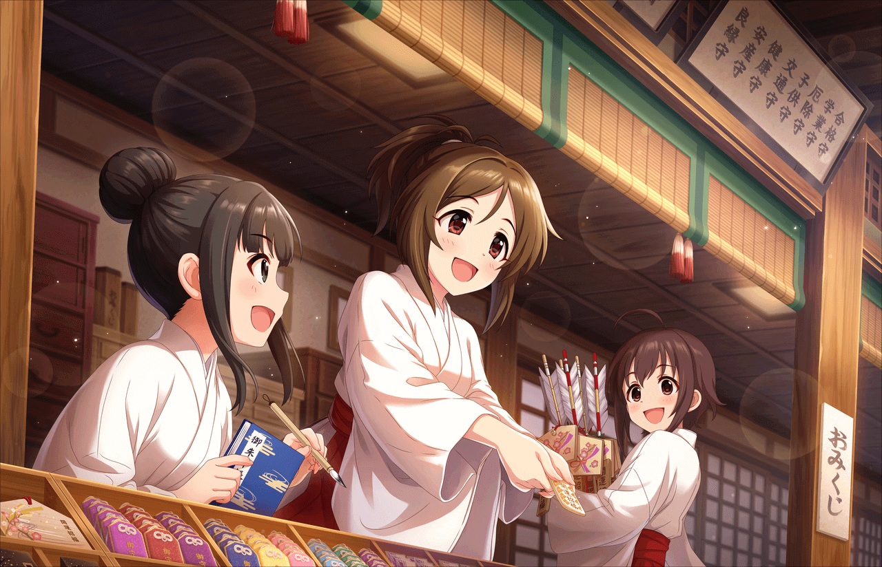 annin_doufu, black_eyes, black_hair, brown_eyes, brown_hair, doumyouji_karin, hamaguchi_ayame, idolmaster, idolmaster_cinderella_girls, idolmaster_cinderella_girls_starlight_stage, japanese_clothes, miko, ponytail, short_hair, shrine, wakiyama_tamami