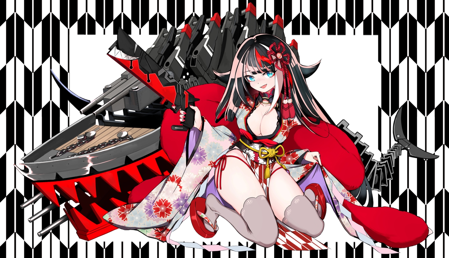 anthropomorphism, aqua_eyes, azur_lane, black_hair, breasts, cleavage, deutschland_(azur_lane), gun, ioa2324, long_hair, thighhighs, weapon