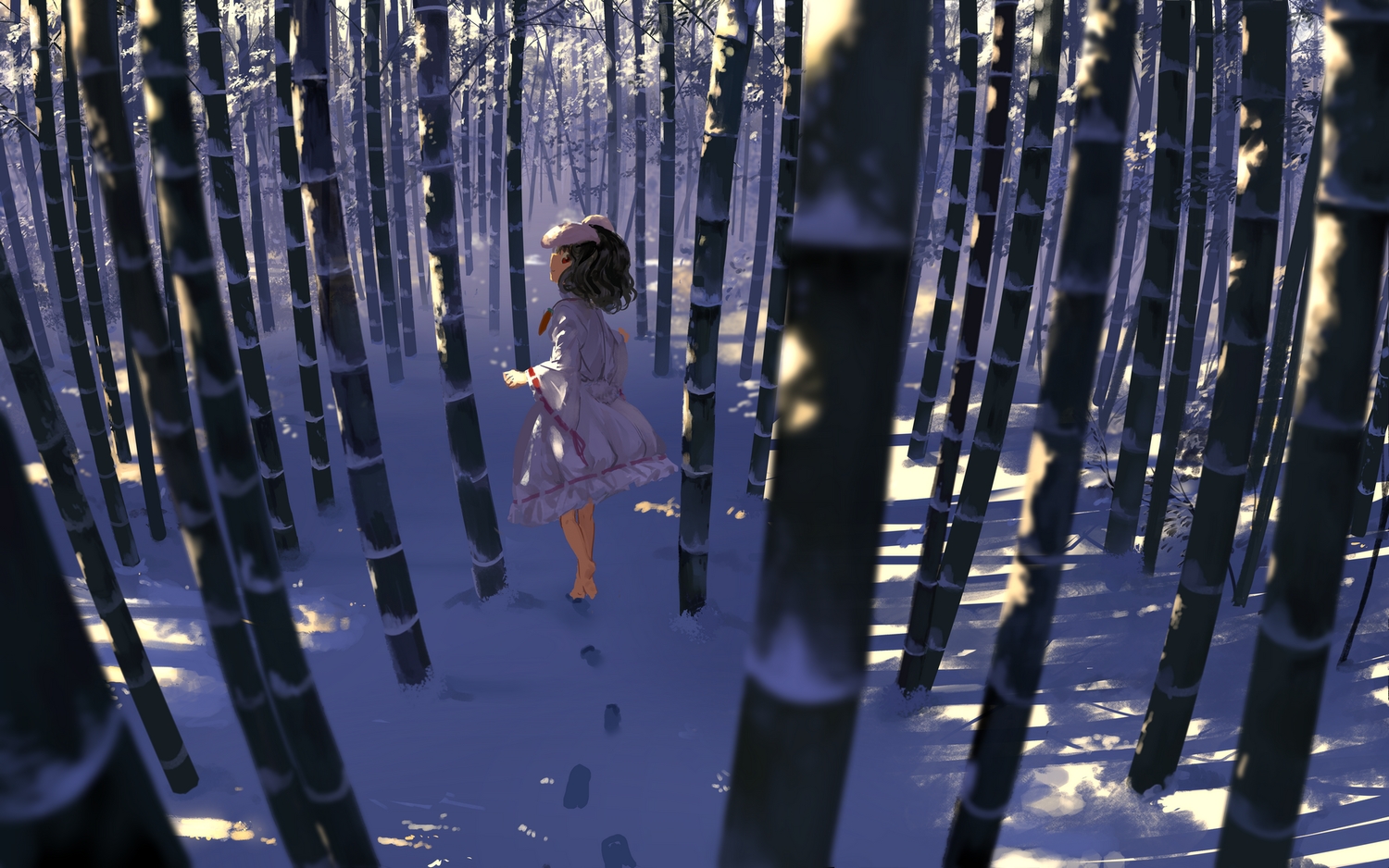 animal_ears, barefoot, black_hair, bunny_ears, bunnygirl, dress, forest, inaba_tewi, loli, red_eyes, short_hair, snow, suna_(s73d), touhou, tree