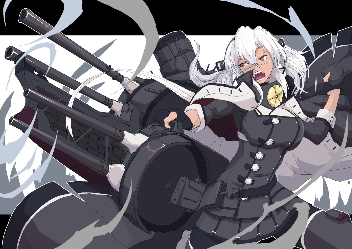 aliasing, anthropomorphism, boushi-ya, brown_eyes, dark_skin, glasses, gun, kantai_collection, long_hair, musashi_(kancolle), weapon, white_hair