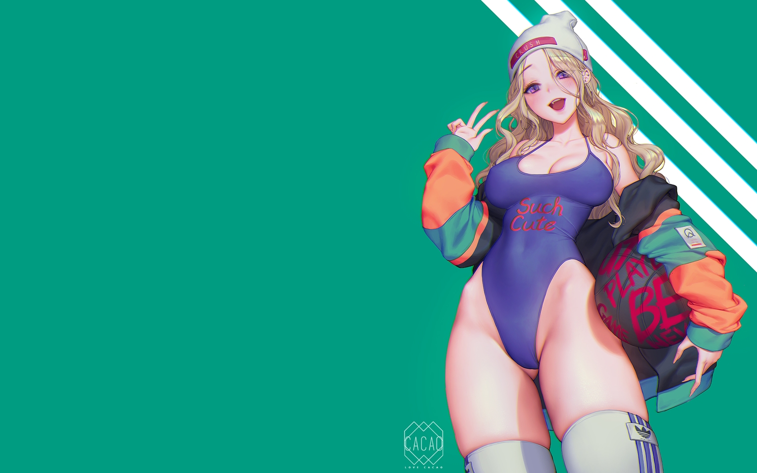 ball, basketball, blonde_hair, bodysuit, breasts, cleavage, erect_nipples, green, hat, long_hair, love_cacao, original, purple_eyes, sport, thighhighs