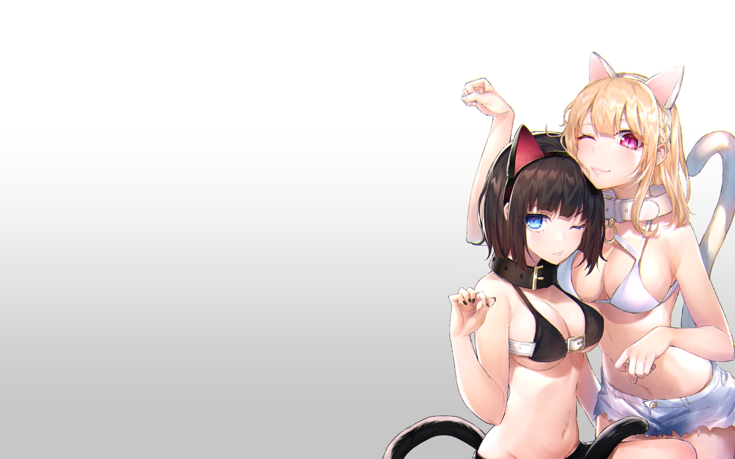 2girls, animal_ears, aqua_eyes, bikini_top, blonde_hair, blush, braids, breasts, brown_hair, catgirl, collar, gradient, gray, hakuishi_aoi, long_hair, navel, original, pink_eyes, short_hair, shorts, tail, third-party_edit, wink