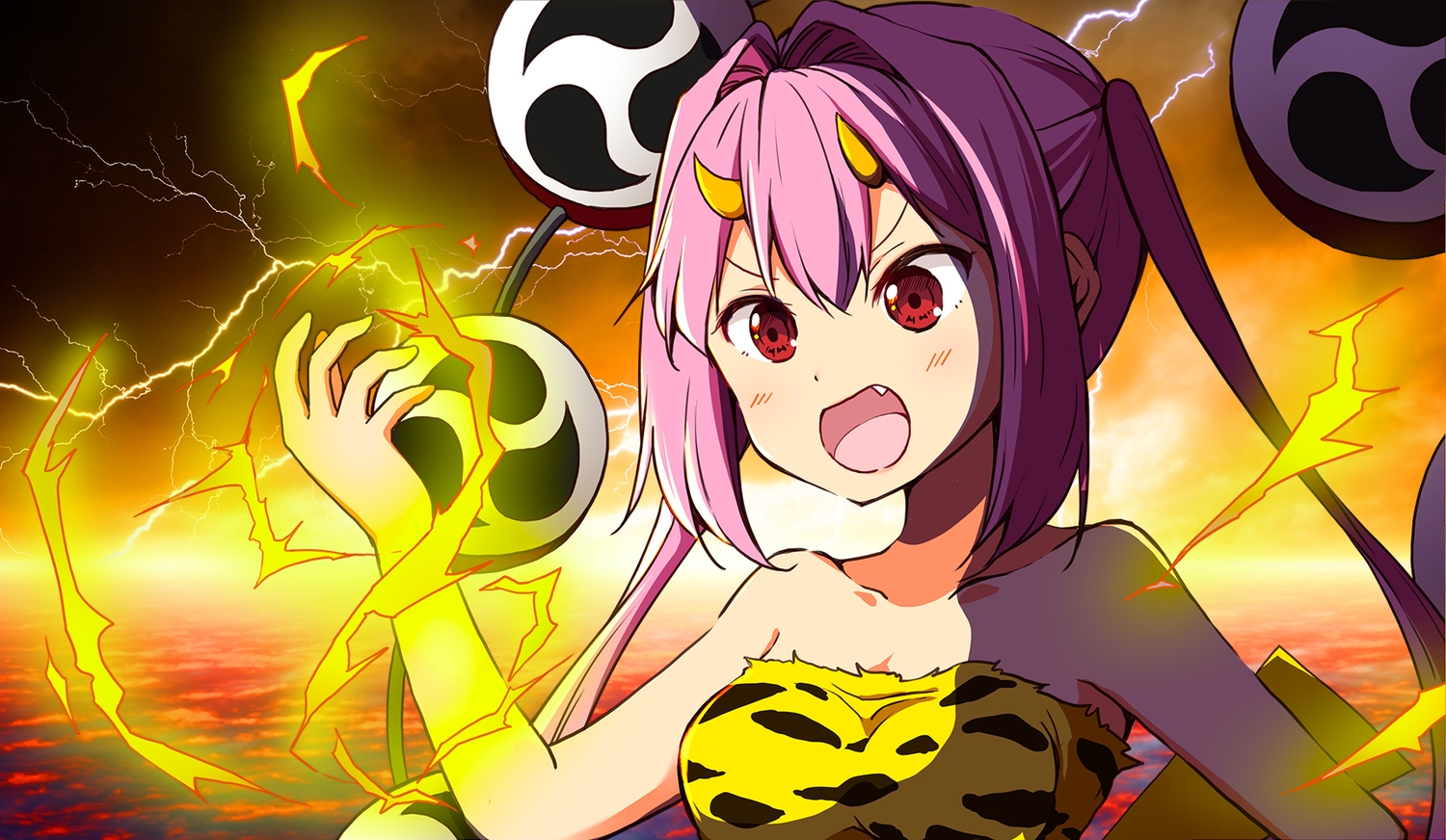 chikanoko, close, demon, fang, horns, long_hair, magic, pink_hair
