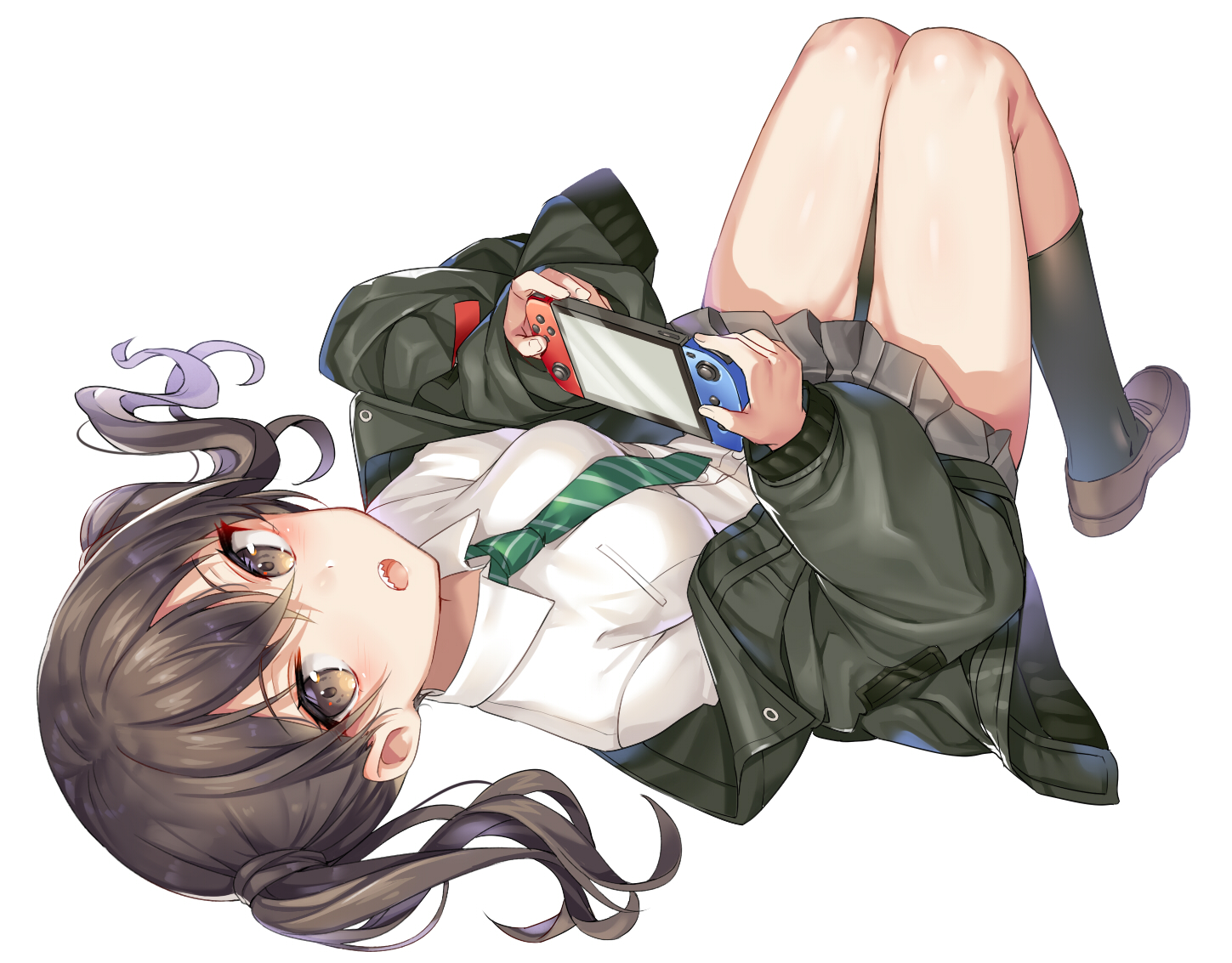 brown_eyes, brown_hair, game_console, idolmaster, idolmaster_cinderella_girls, kneehighs, long_hair, mokyu_(kukoudesu)