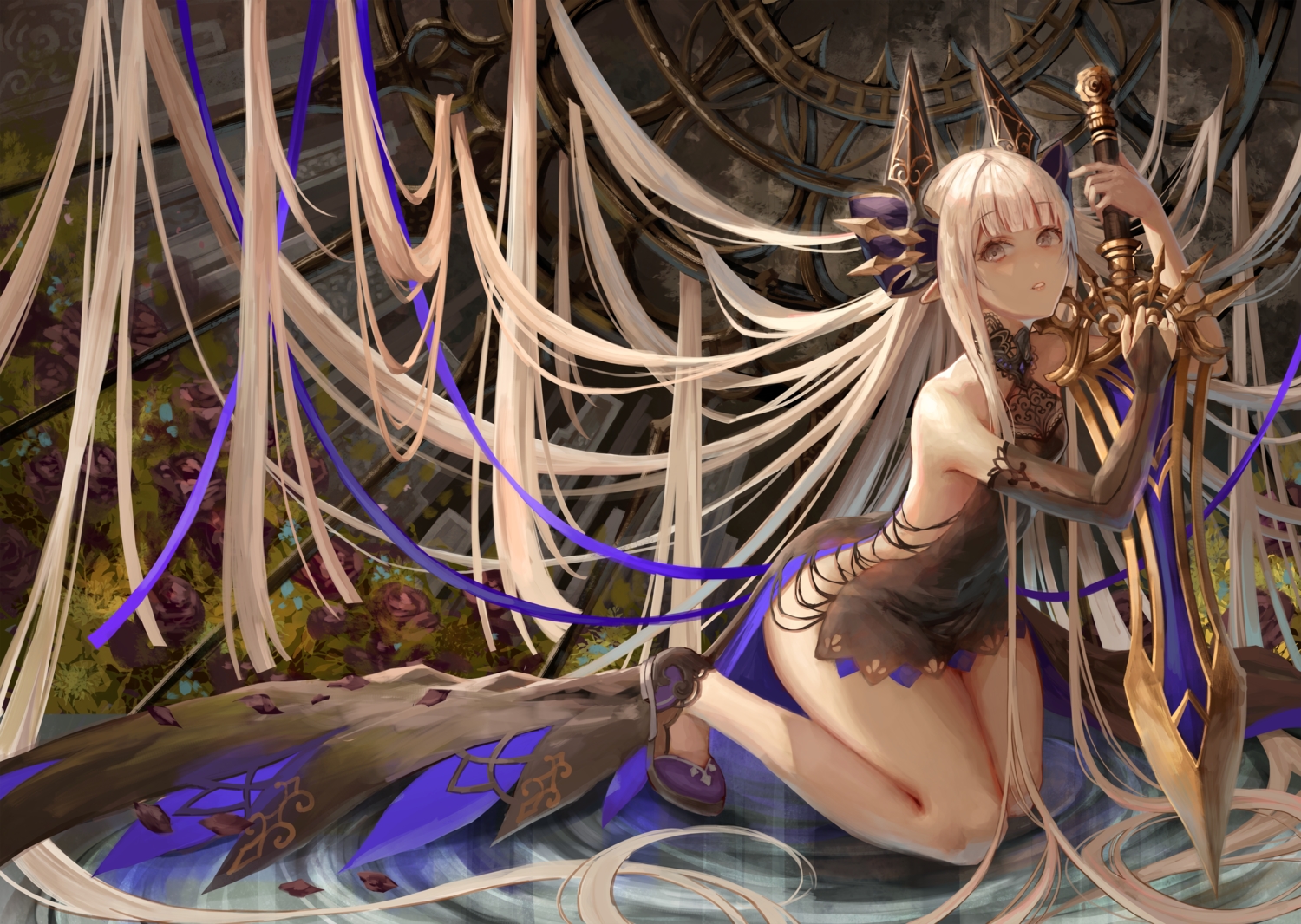 blonde_hair, elbow_gloves, flowers, gloves, gray_eyes, long_hair, okuma_mai, original