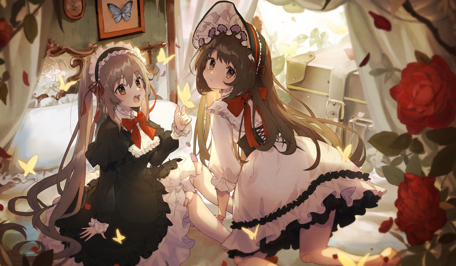 2girls, bed, bow, brown_eyes, brown_hair, butterfly, corset, doll, dress, flowers, goth-loli, hat, lolita_fashion, long_hair, original, shirama_(c2h76_5), twintails