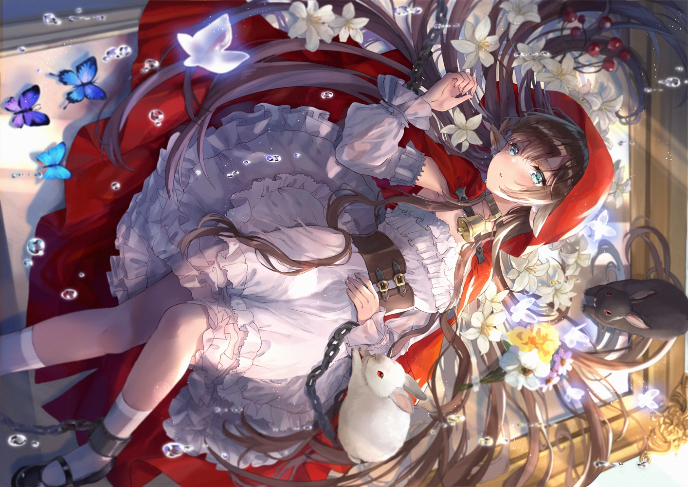 animal, animal_ears, bell, blush, brown_hair, bubbles, butterfly, cape, chain, corset, dress, flowers, green_eyes, hood, itsia, lolita_fashion, long_hair, original, rabbit