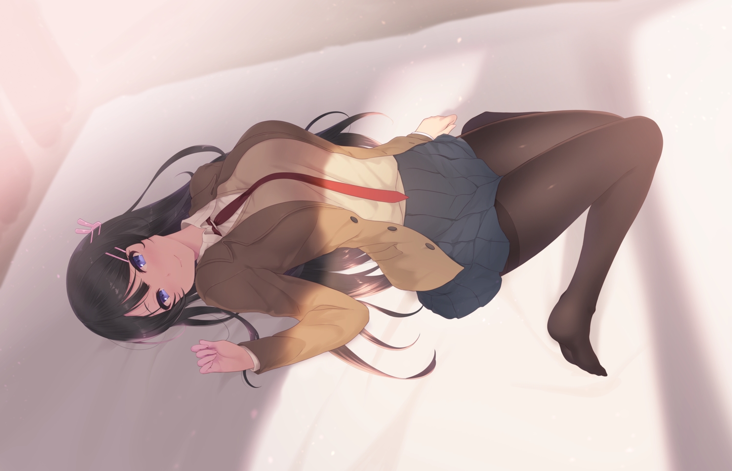 black_hair, blue_eyes, breasts, cait, long_hair, pantyhose, sakurajima_mai, school_uniform