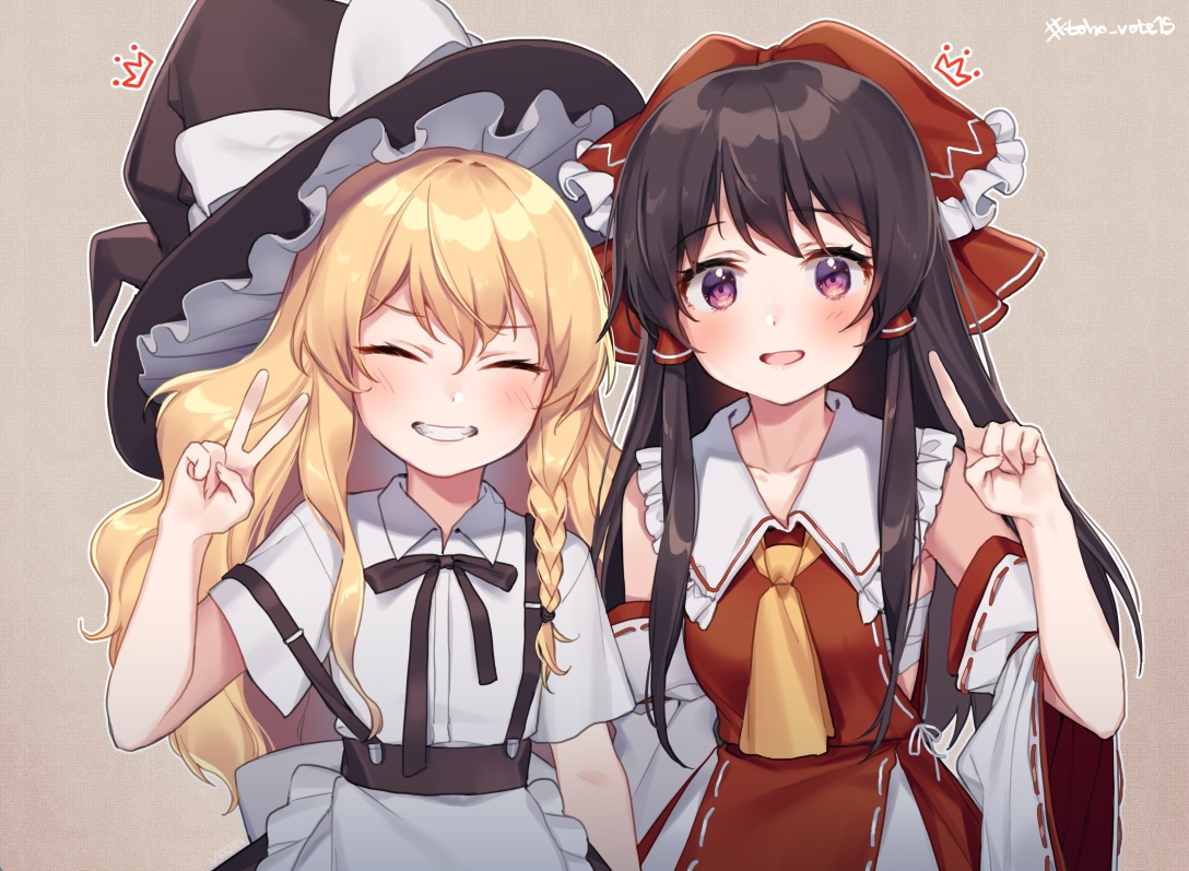2girls, apron, black_hair, blonde_hair, bow, braids, dress, hajin