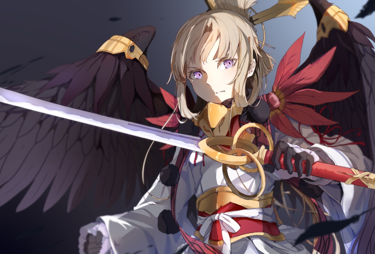 armor, blonde_hair, feathers, japanese_clothes, kimono, nogi_wakaba, nogi_wakaba_wa_yuusha_de_aru, purple_eyes, sword, weapon, wings, xuu_shi_times
