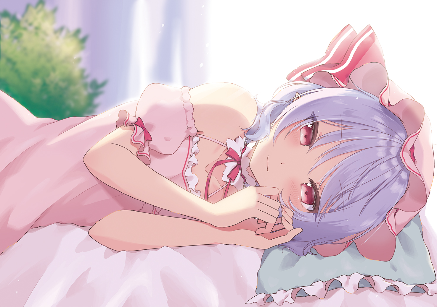 bed, beni_kurage, blue_hair, blush, close, dress, hat, pink_eyes, pointed_ears, remilia_scarlet, short_hair, touhou