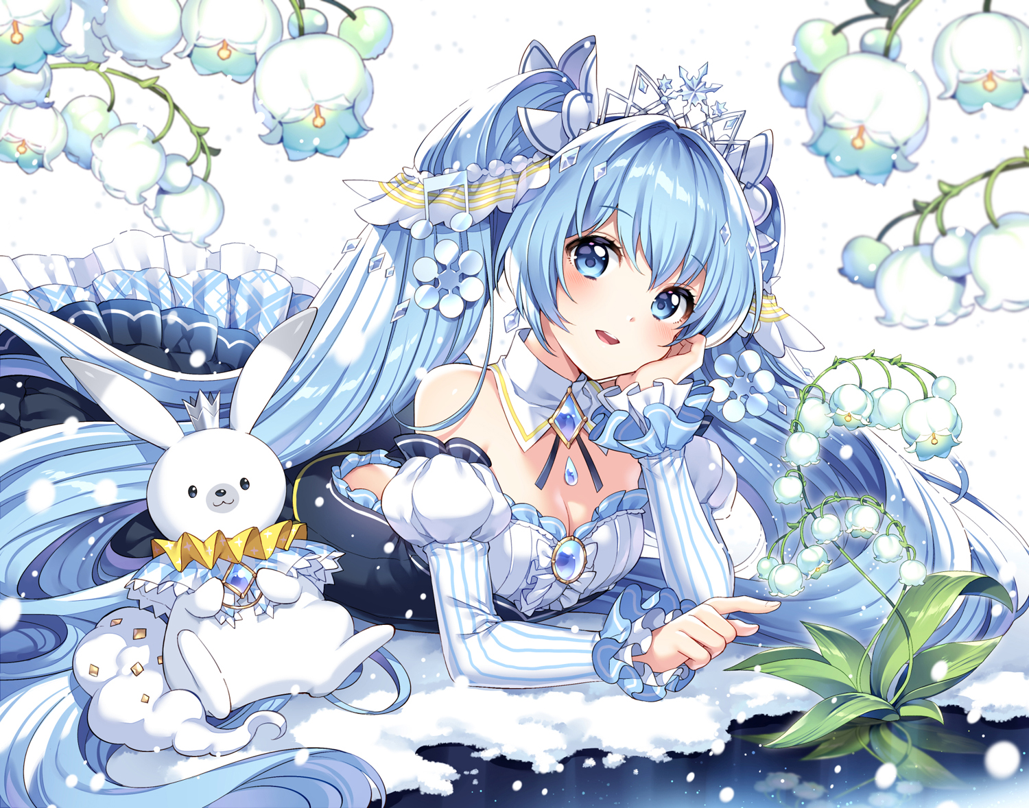 animal, aqua_eyes, aqua_hair, breasts, cleavage, dress, flowers, hatsune_miku, long_hair, nardack, rabbit, snow, tiara, twintails, vocaloid, yuki_miku, yukine_(vocaloid)