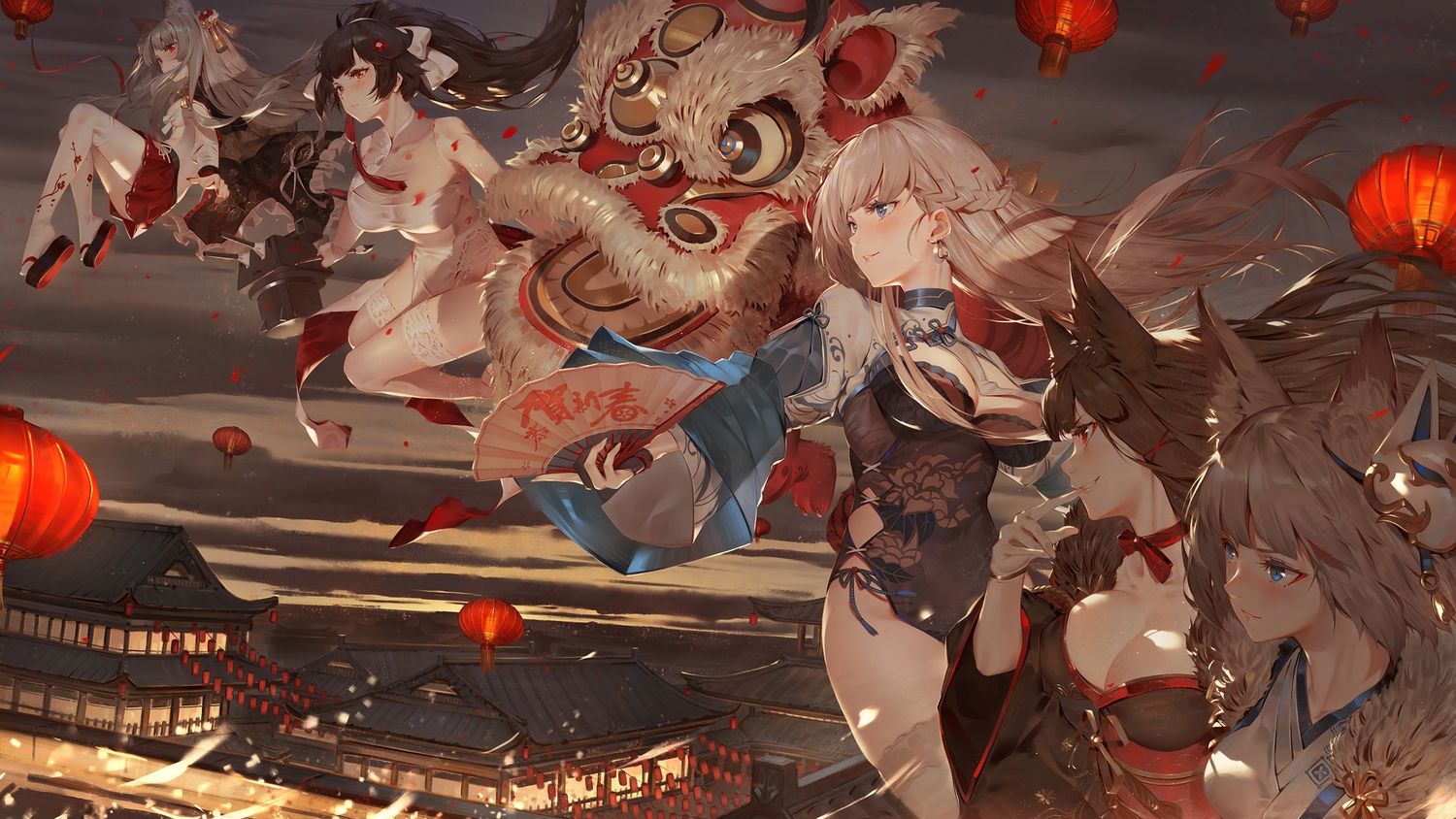 akagi_(azur_lane), animal_ears, anthropomorphism, azur_lane, bandage, belfast_(azur_lane), black_hair, blue_eyes, bow, braids, breasts, brown_hair, building, chinese_clothes, chinese_dress, choker, cleavage, clouds, doggirl, dress, fan, foxgirl, gloves, gray_hair, group, japanese_clothes, kaga_(azur_lane), kimono, long_hair, mask, orange_eyes, ponytail, red_eyes, ribbons, sarashi, skirt, sky, takao_(azur_lane), tattoo, thighhighs, toriumi_harumi, underwear, yuudachi_(azur_lane)