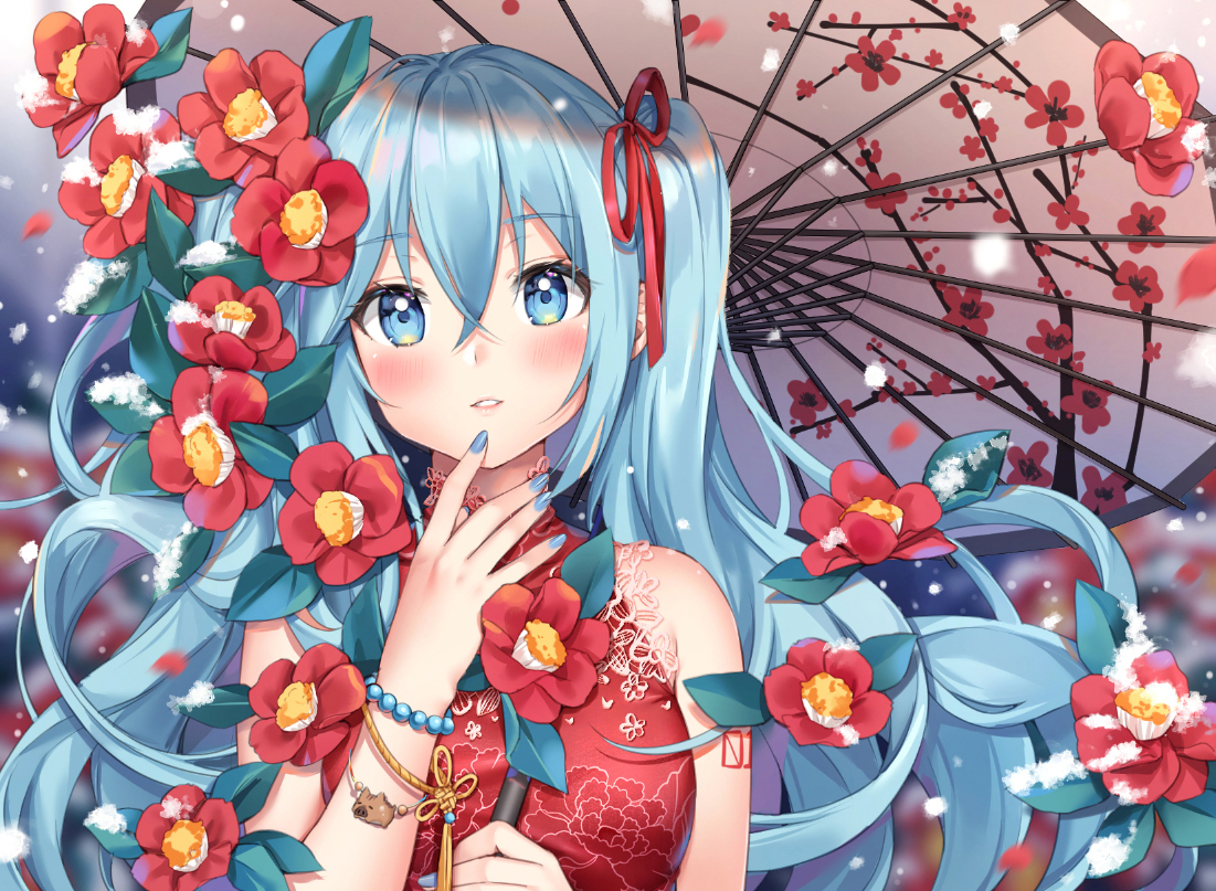 aqua_eyes, aqua_hair, chinese_clothes, chinese_dress, dress, flowers, hatsune_miku, long_hair
