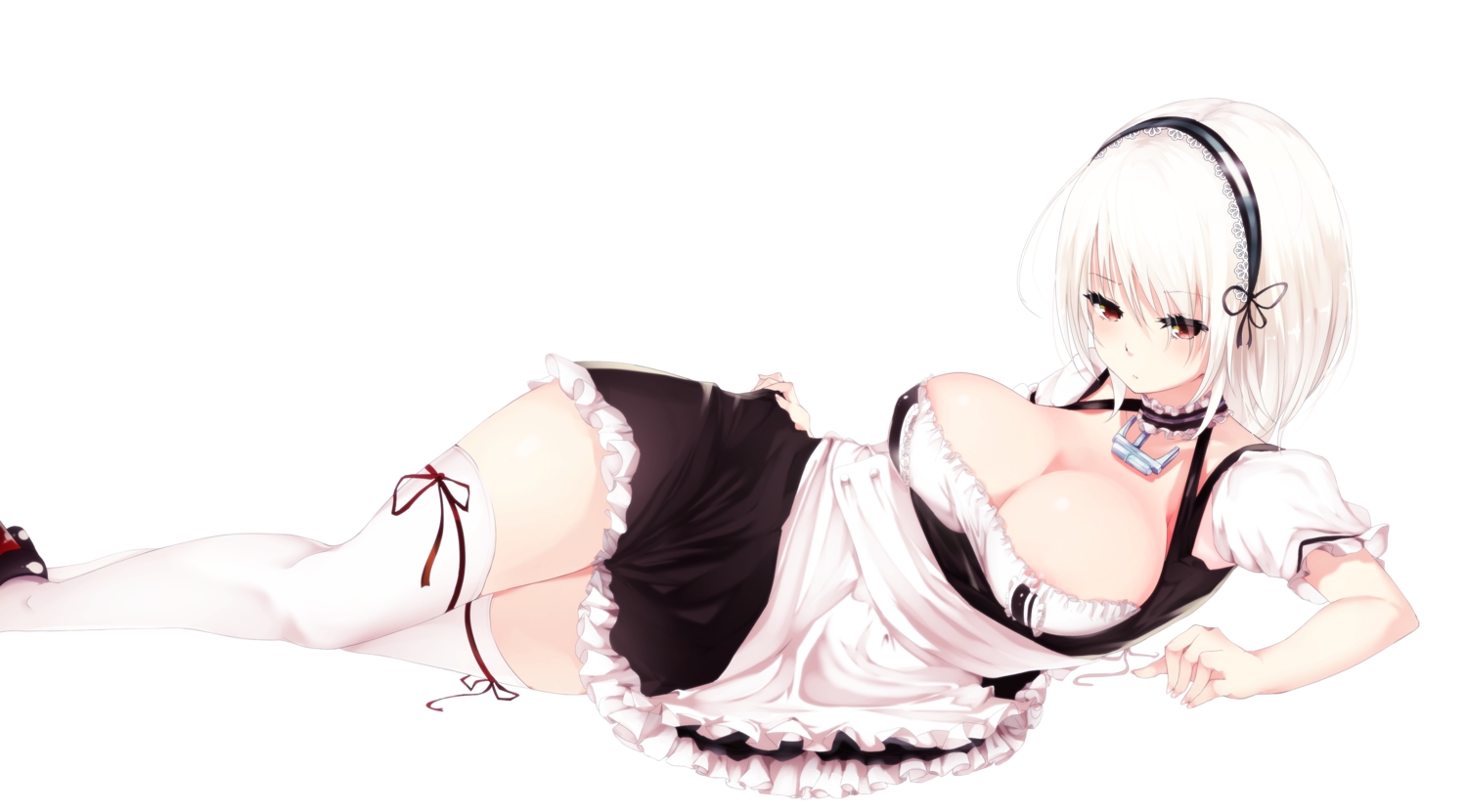 anthropomorphism, apron, azur_lane, breasts, choker, cleavage, dress, headband, maid, red_eyes, short_hair, sirius_(azur_lane), suwakana, thighhighs, white, white_hair, zettai_ryouiki