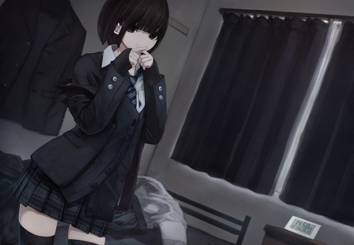 bed, black_hair, brown_eyes, dark, hashimoto_kokai, original, school_uniform, short_hair, thighhighs, tie, zettai_ryouiki
