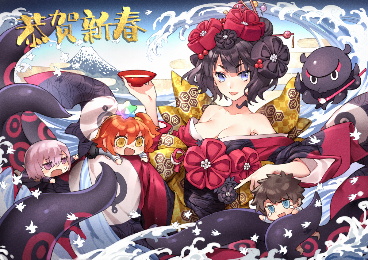 animal, chibi, fate/grand_order, fate_(series), fujimaru_ritsuka_(female), fujimaru_ritsuka_(male), group, kangetsu_(fhalei)