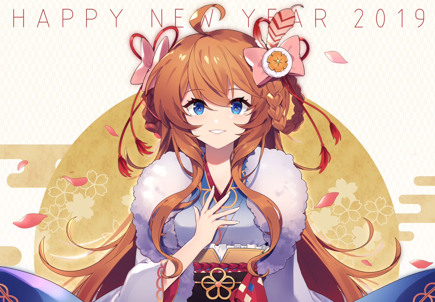 blue_eyes, bow, braids, brown_hair, feathers, granblue_fantasy, japanese_clothes, lecia_(granblue_fantasy)