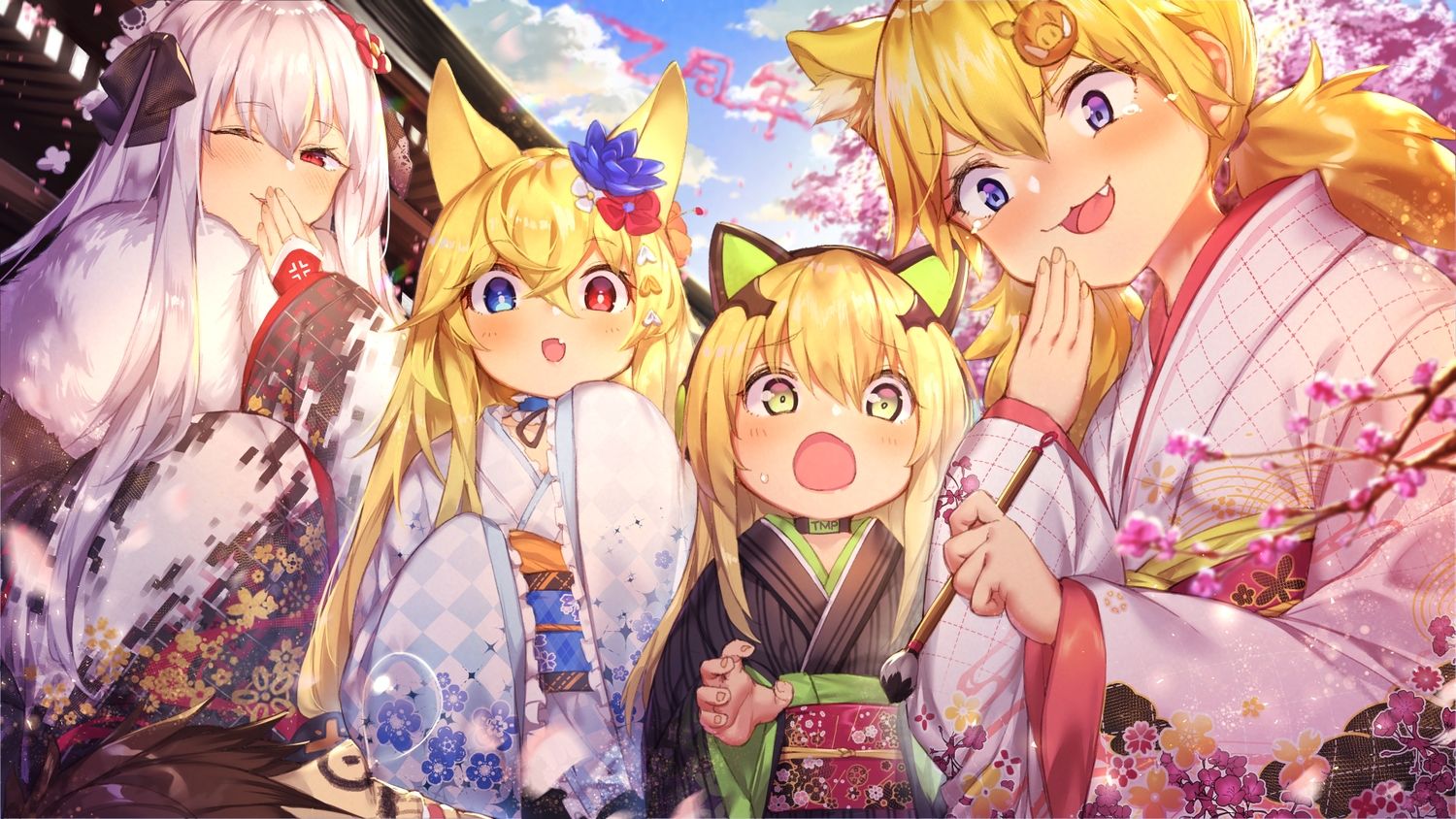 animal_ears, anthropomorphism, bicolored_eyes, blonde_hair, blue_eyes, blush, brown_hair, catgirl
