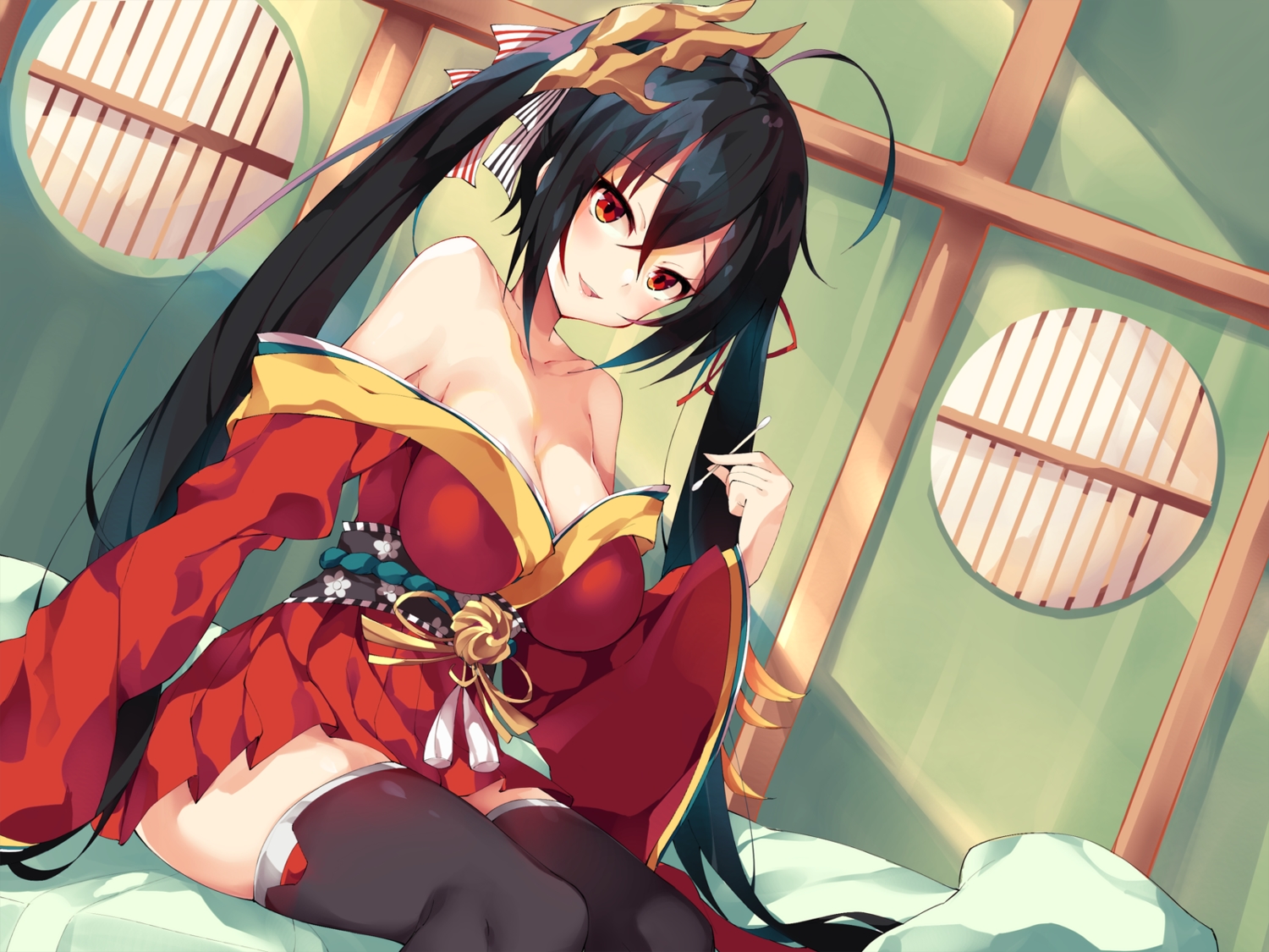 anthropomorphism, azur_lane, bed, black_hair, breasts, cleavage, japanese_clothes, kimono, long_hair, no_bra, red_eyes, taihou_(azur_lane), thighhighs, twintails, unacchi_(nyusankin), zettai_ryouiki