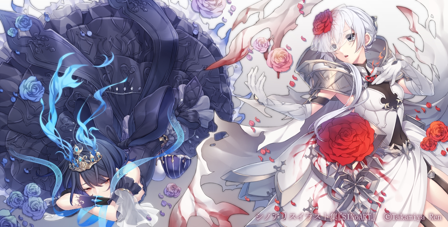 2girls, alice_(sinoalice), black_hair, bow, cape, elbow_gloves, flowers, gloves