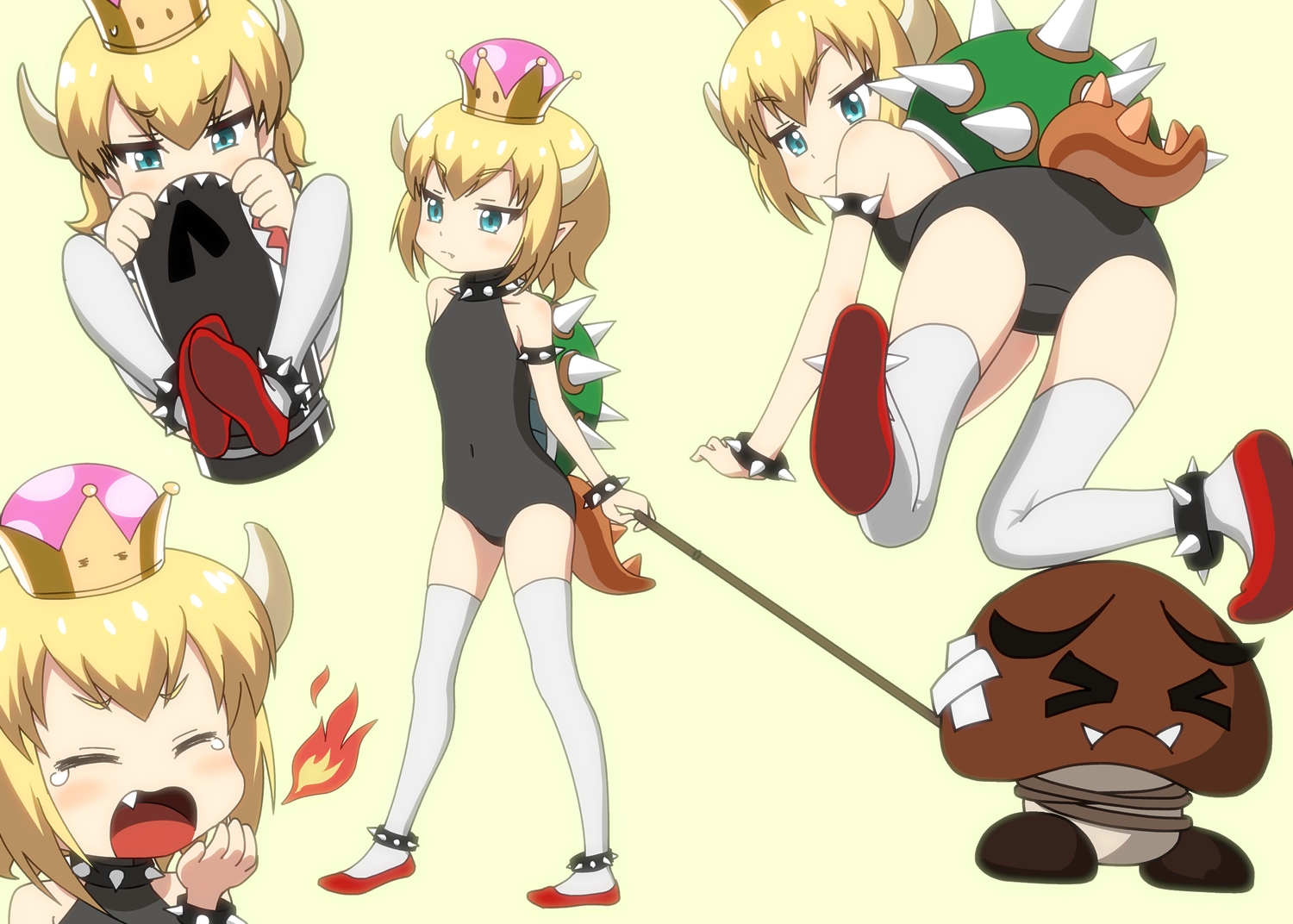 aqua_eyes, blonde_hair, bodysuit, bowsette, choker, crown, fang, fire