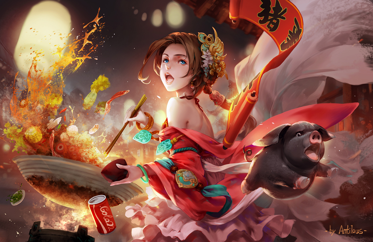 animal, antilous, aqua_eyes, brown_hair, chinese_clothes, coca_cola, dress, food