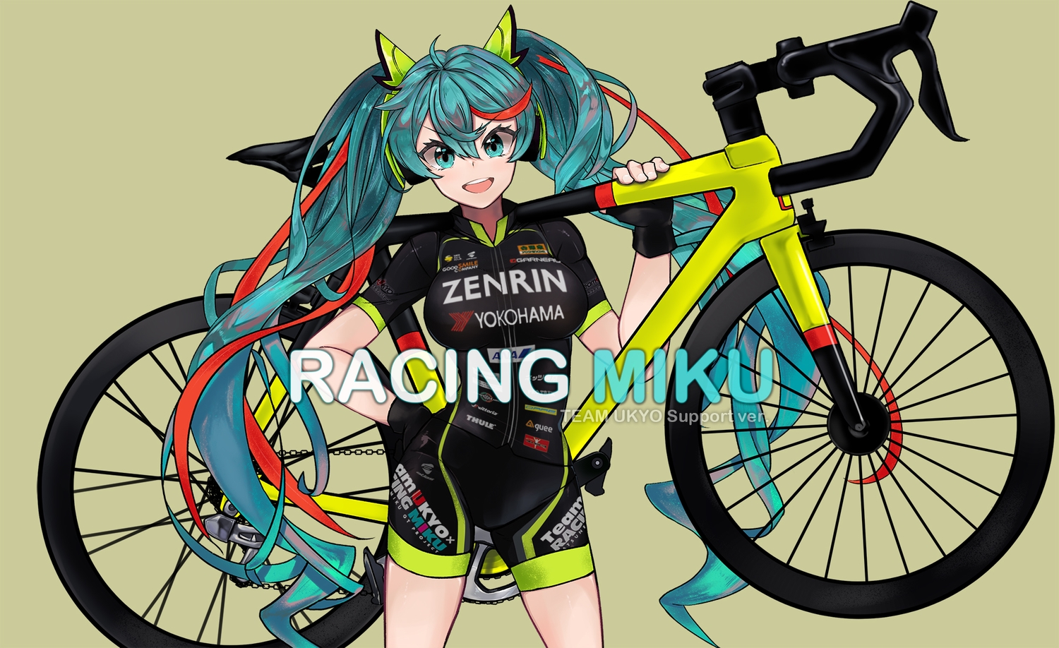 aqua_eyes, aqua_hair, bicycle, bike_shorts, floatingapple, gloves, hatsune_miku, shorts, signed, twintails, vocaloid