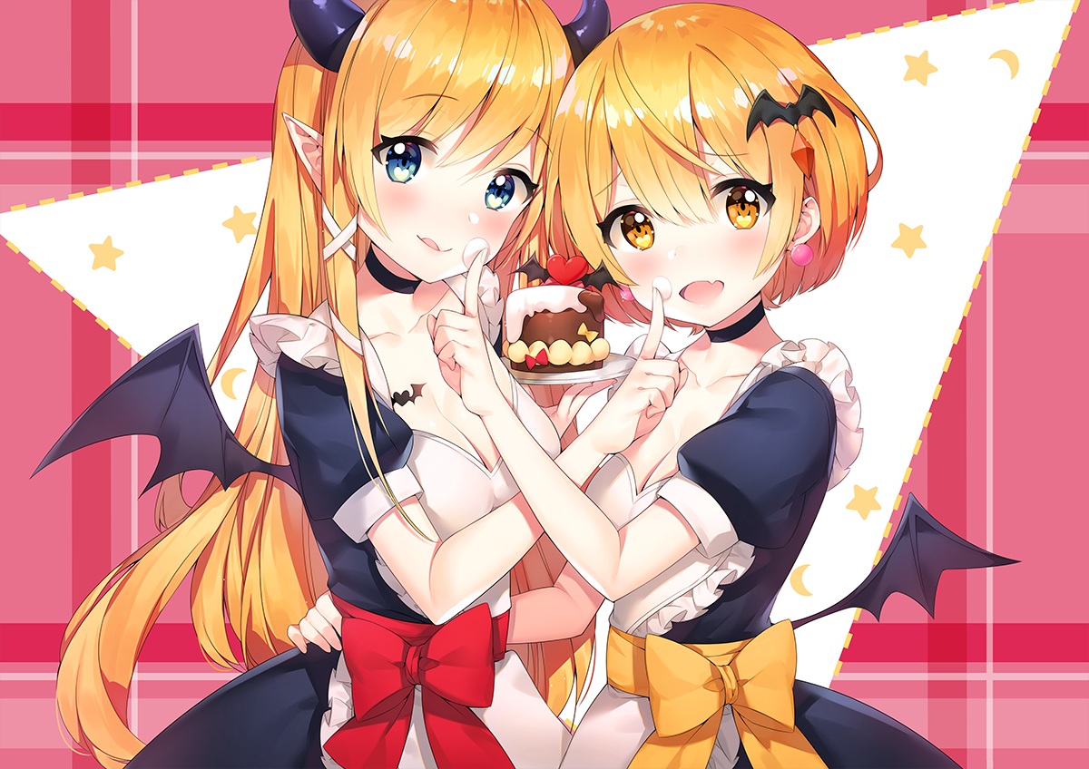 2girls, apron, ayamy, blush, bow, breasts, cake, choker