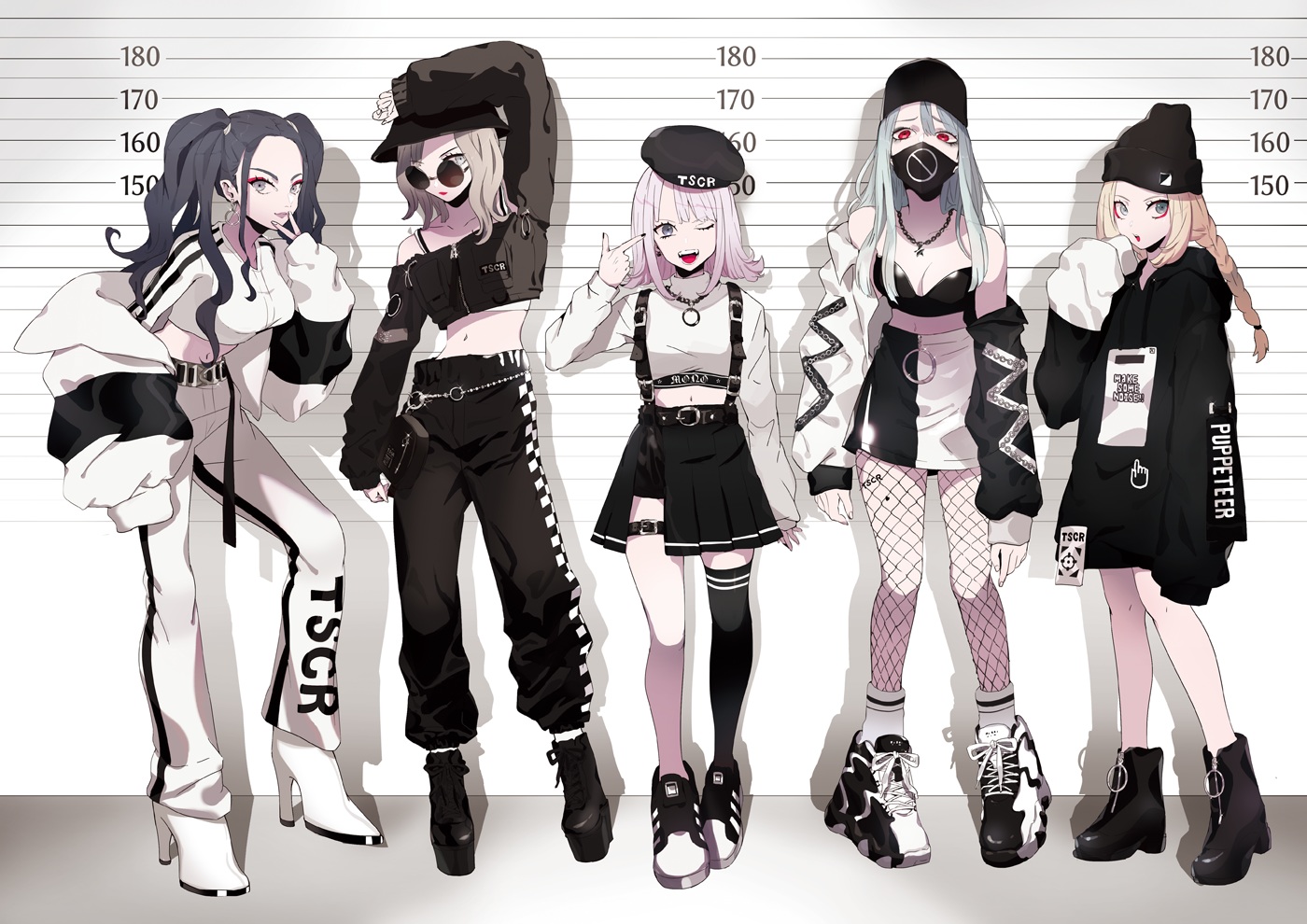 aliasing, black_hair, boots, braids, breasts, brown_hair, cleavage, garter, glasses, gradient, gray_eyes, group, hat, long_hair, mask, navel, necklace, original, pink_hair, puppeteer7777, red_eyes, short_hair, skirt, thighhighs, twintails, wink