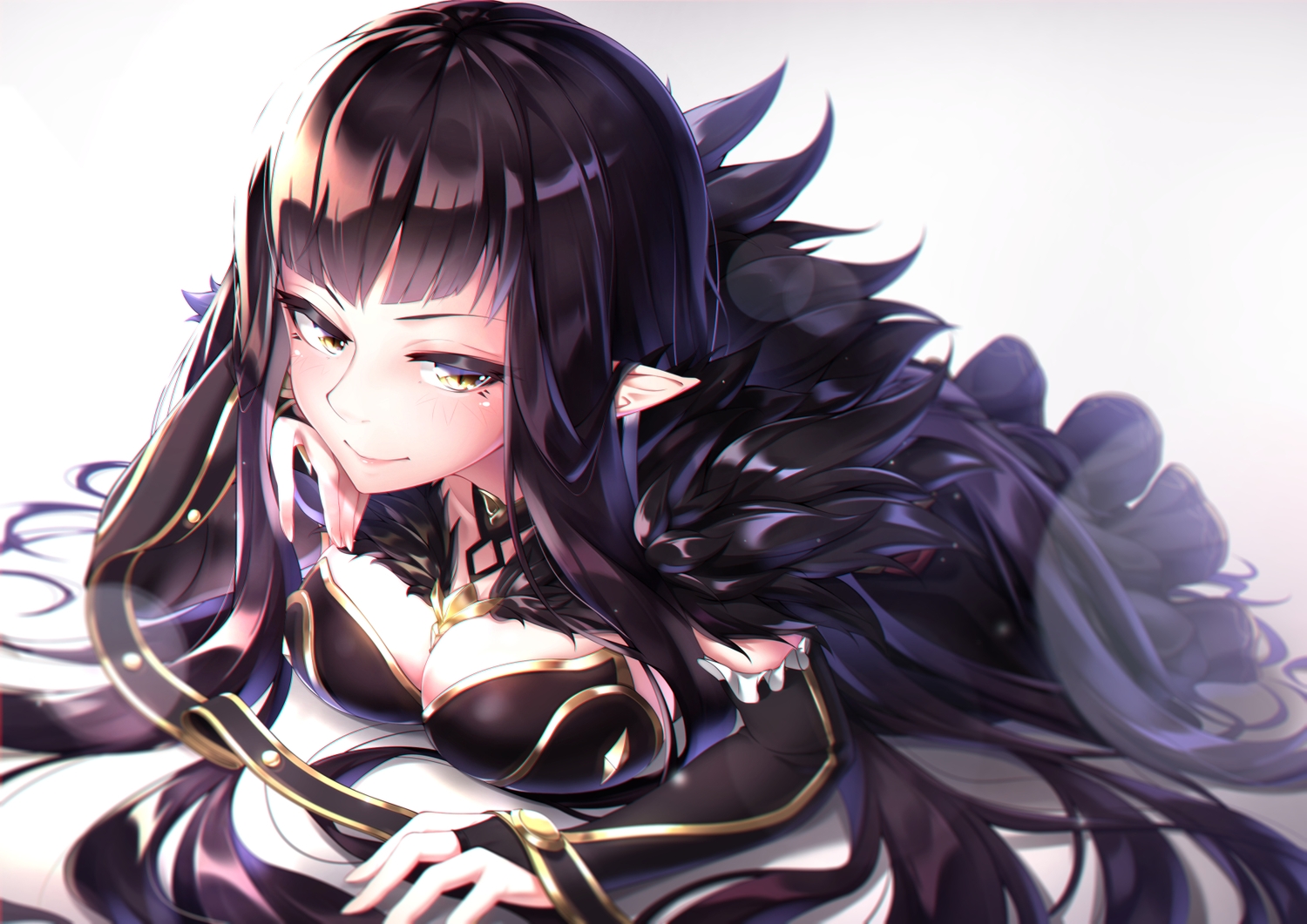 black_hair, breasts, cleavage, fate/grand_order, fate_(series), long_hair, pointed_ears, semiramis, takatun223, yellow_eyes