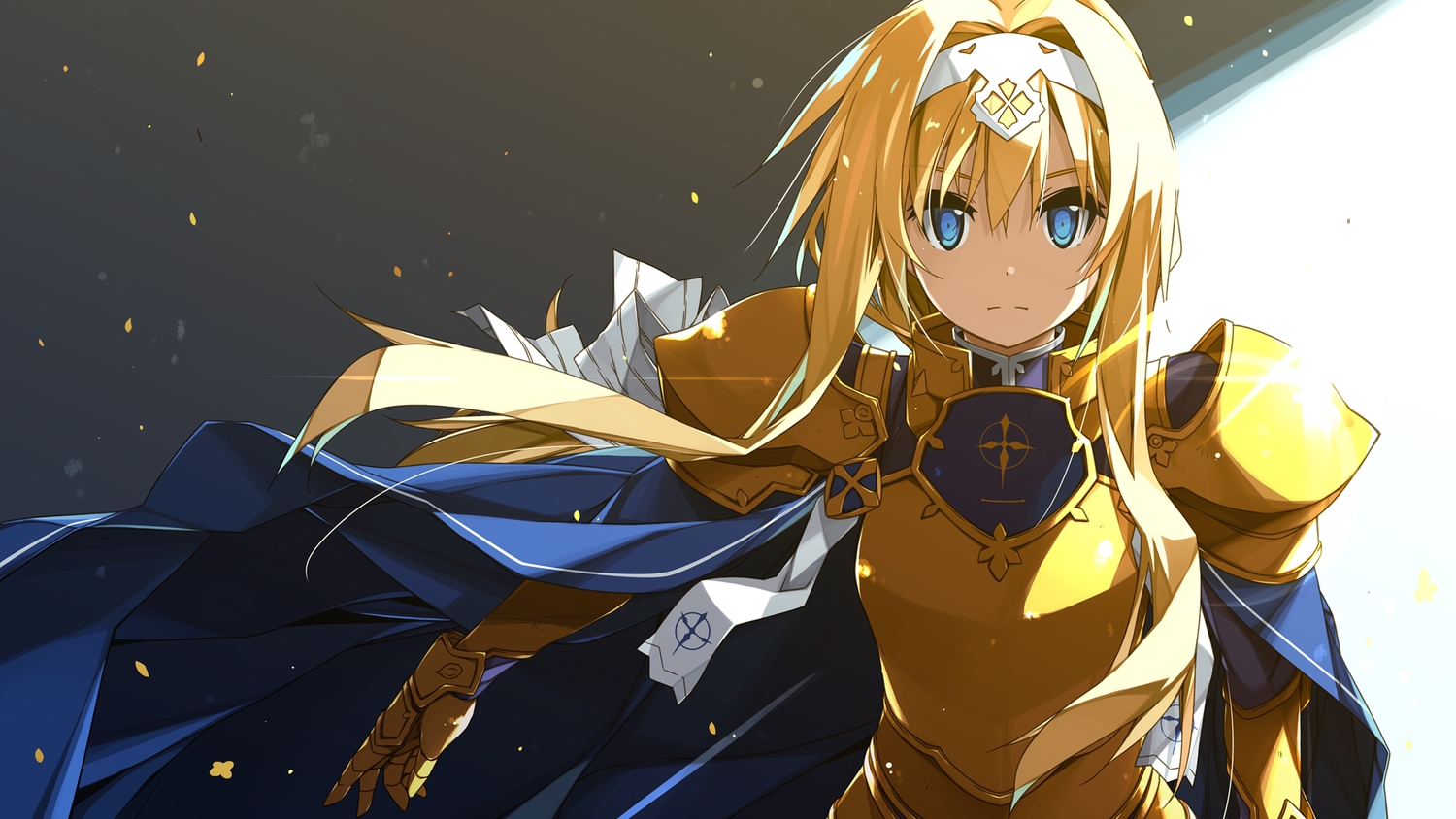 alice_zuberg, aqua_eyes, armor, blonde_hair, bow, cape, gloves, headdress