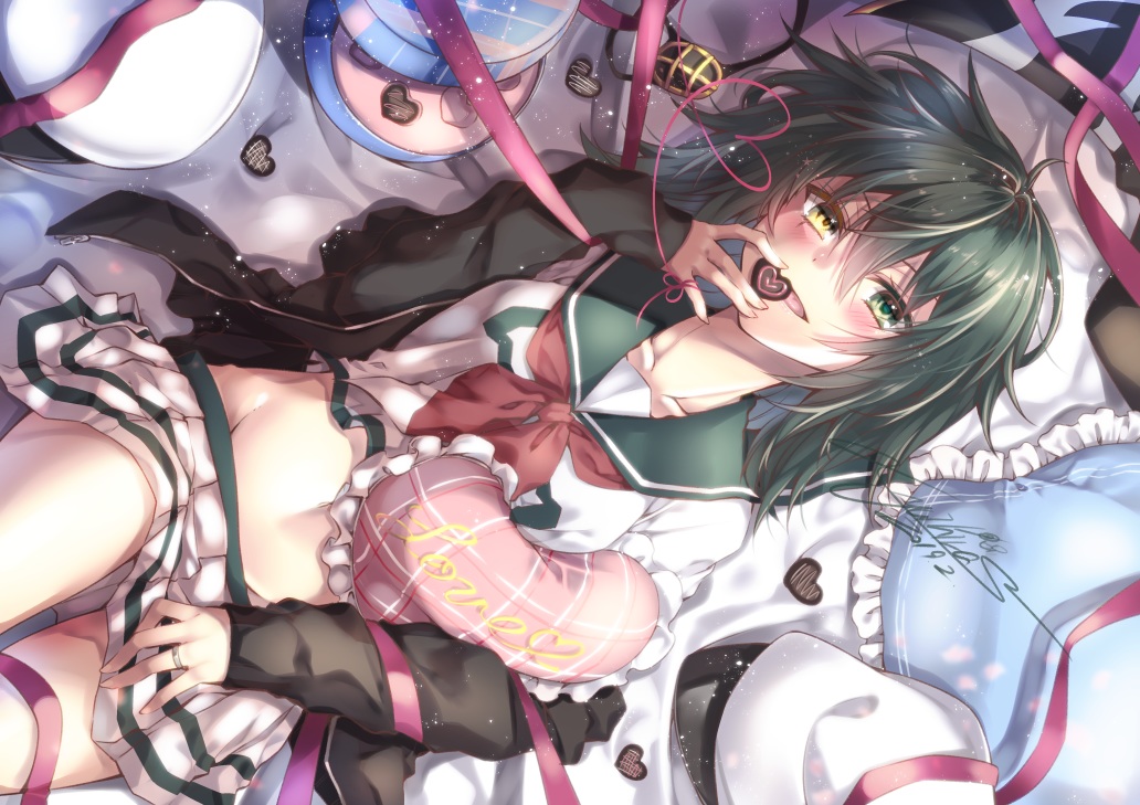 anthropomorphism, bicolored_eyes, blush, candy, chocolate, green_hair, kantai_collection, kiso_(kancolle)