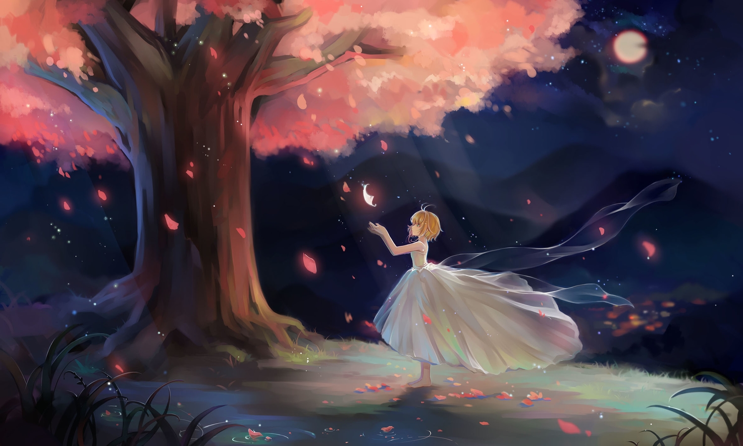 barefoot, brown_hair, cherry_blossoms, dress, duximeng, flowers, moon, night, petals, sakura_(tsubasa), short_hair, tree, tsubasa_reservoir_chronicle
