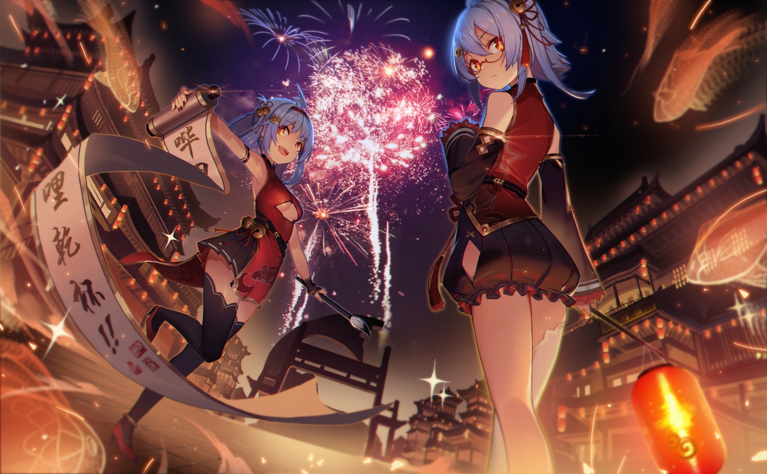 2girls, animal_ears, bell, bili_bili_douga, bili_girl_22, bili_girl_33, breasts, building