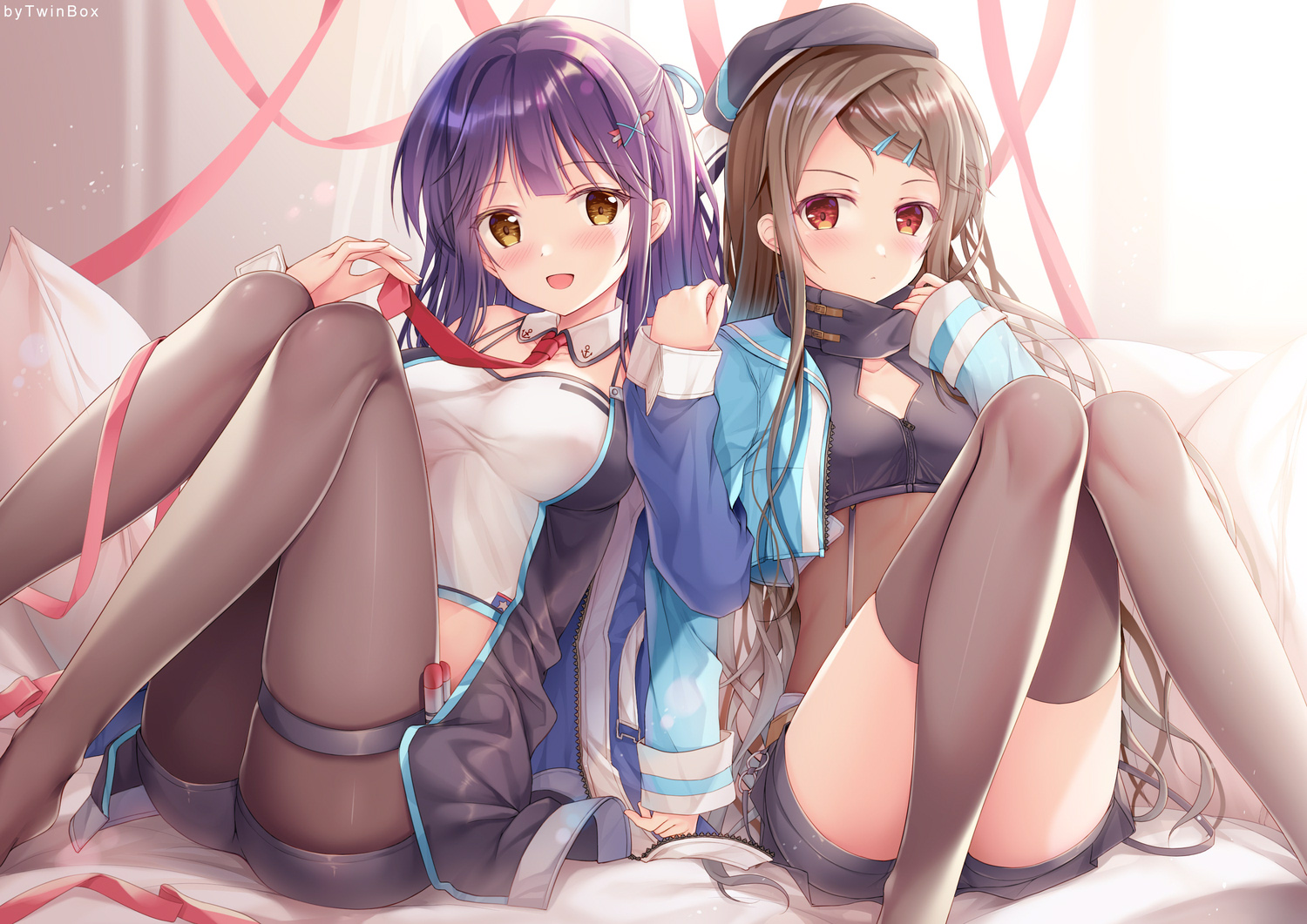 2girls, anthropomorphism, azur_lane, blush, breasts, brown_eyes, brown_hair, garter, hat, kimberly_(azur_lane), mullany_(azur_lane), pantyhose, purple_hair, red_eyes, ribbons, shorts, sousouman, thighhighs, tie, watermark