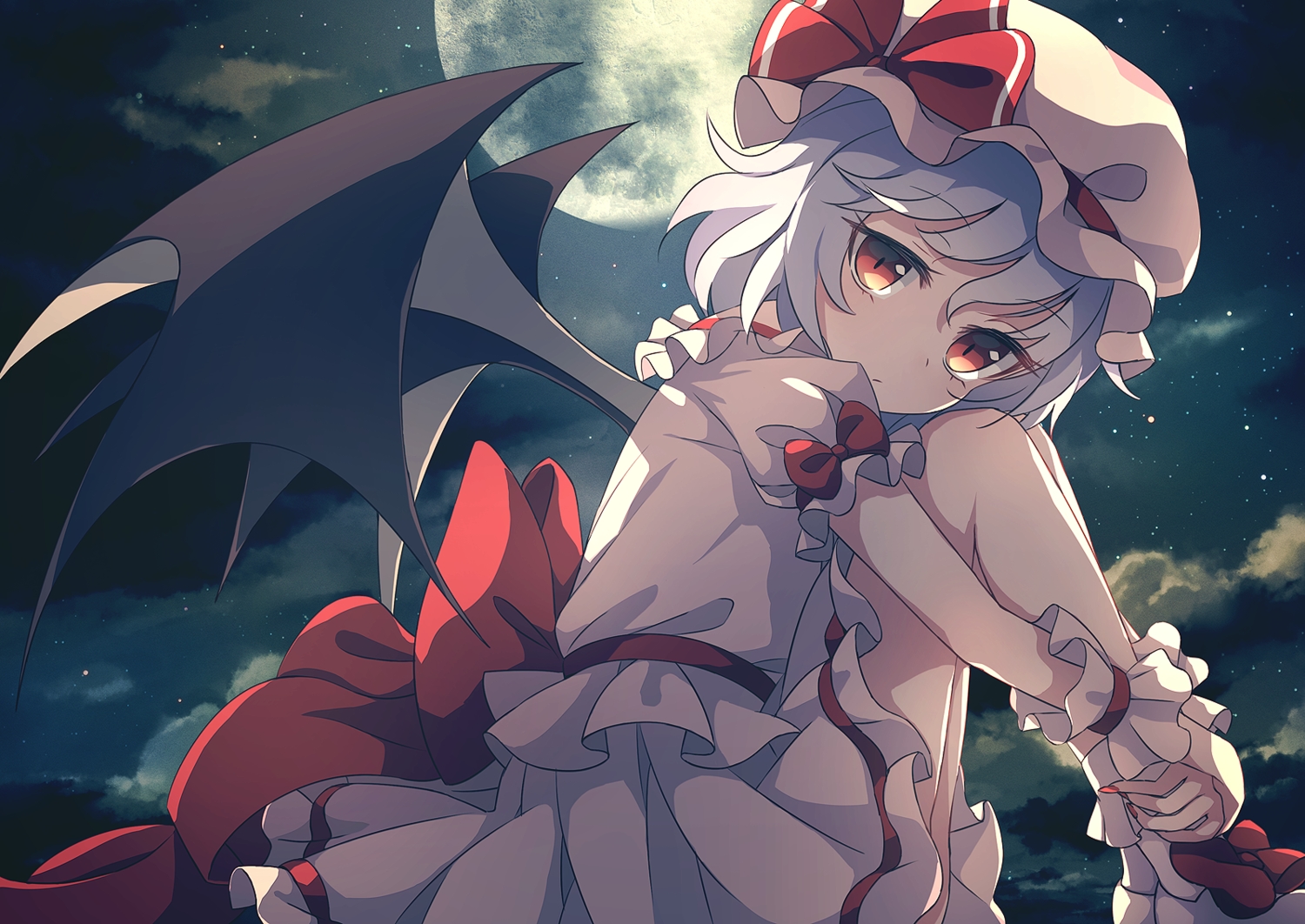 bow, brown_eyes, clouds, dise, dress, gray_hair, hat, moon, night, remilia_scarlet, short_hair, sky, stars, touhou, vampire, wings, wristwear