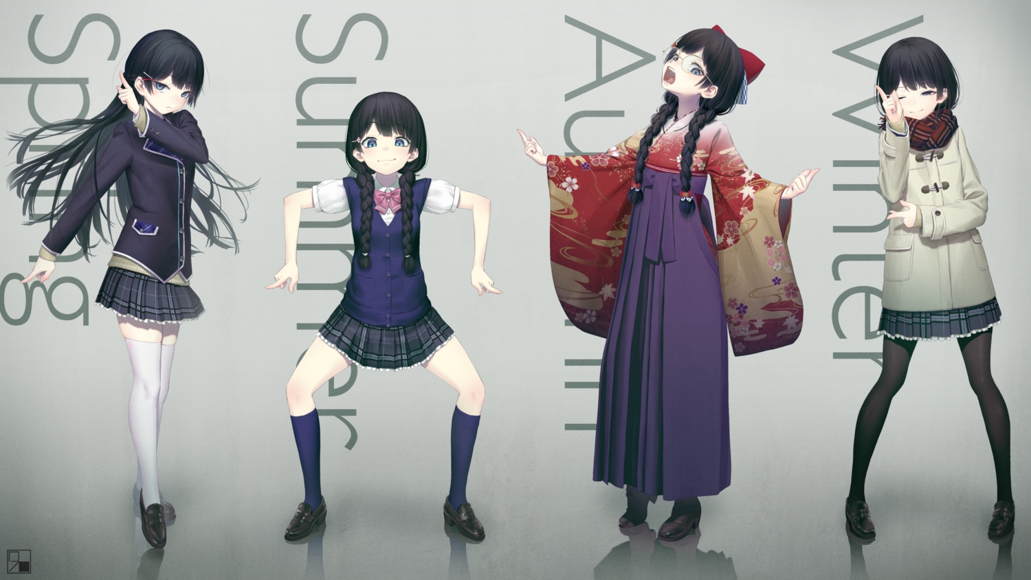 black_hair, blue_eyes, boots, bow, braids, glasses, gradient, japanese_clothes, kath, kimono, kneehighs, long_hair, nijisanji, pantyhose, reflection, scarf, school_uniform, skirt, spread_legs, thighhighs, tsukino_mito, twintails, wink, zettai_ryouiki