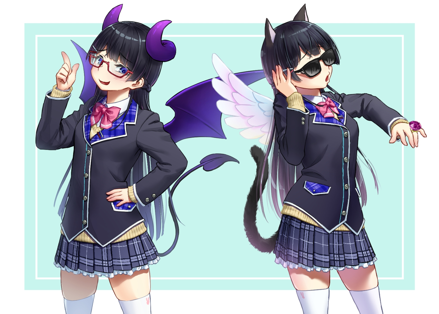 aliasing, animal_ears, black_hair, blue_eyes, bow, catgirl, cosplay, demon