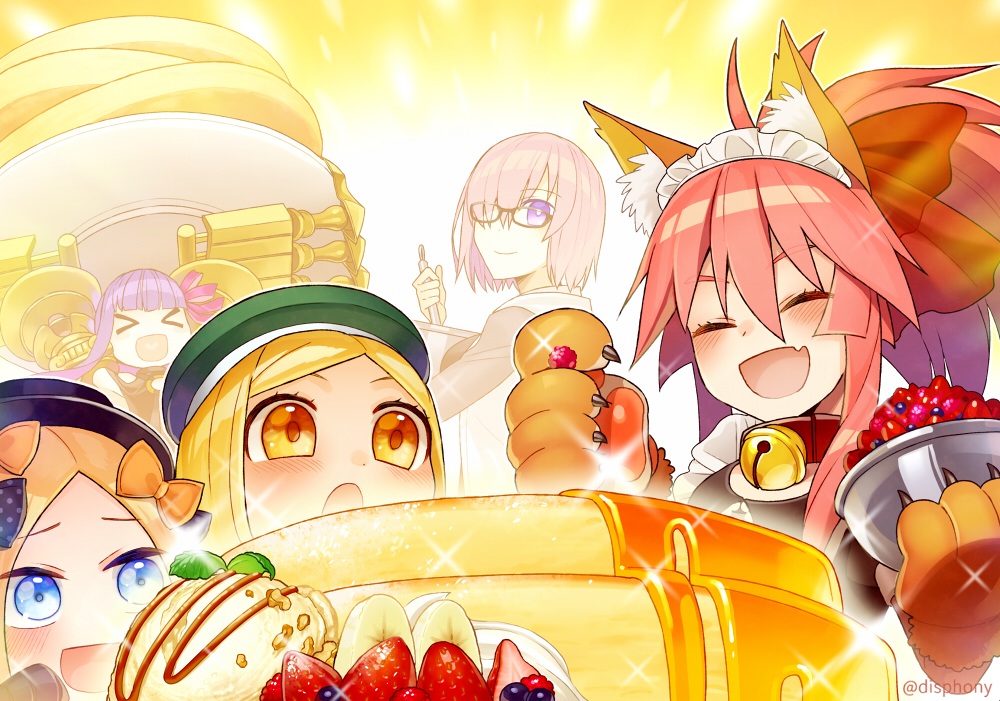 abigail_williams_(fate/grand_order), animal_ears, aqua_eyes, bell, blonde_hair, blush, bow, cake, collar, fang, fate/grand_order, fate_(series), food, foxgirl, fruit, glasses, gloves, group, hat, headdress, ice_cream, kazune_rain, loli, long_hair, maid, mash_kyrielight, orange_eyes, passionlip, paul_bunyan_(fate/grand_order), pink_hair, ponytail, purple_eyes, purple_hair, strawberry, tamamo_cat, tamamo_no_mae_(fate), watermark