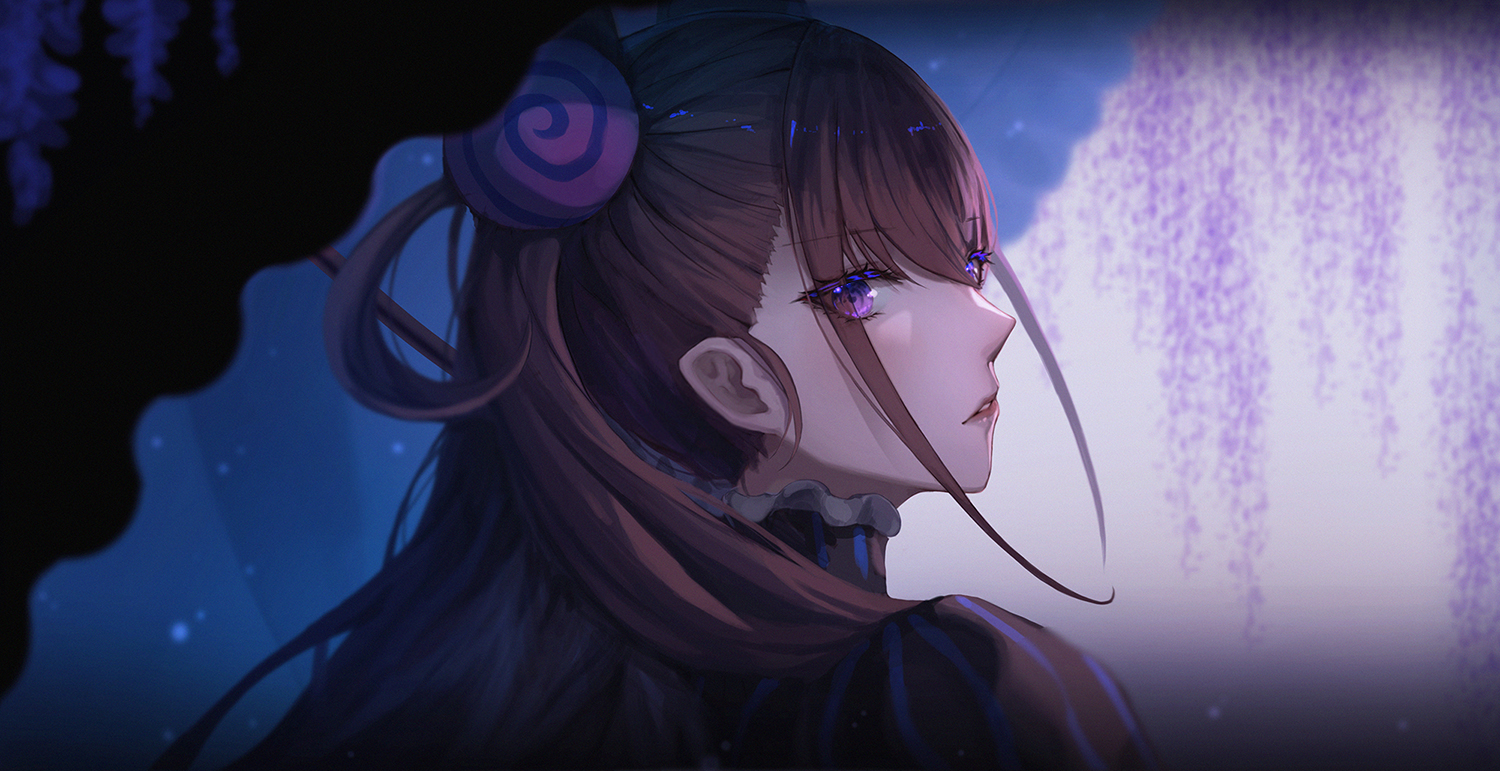 brown_hair, close, dark, fate/grand_order, fate_(series), inho_song, long_hair, murasaki_shikibu, purple_eyes, umbrella