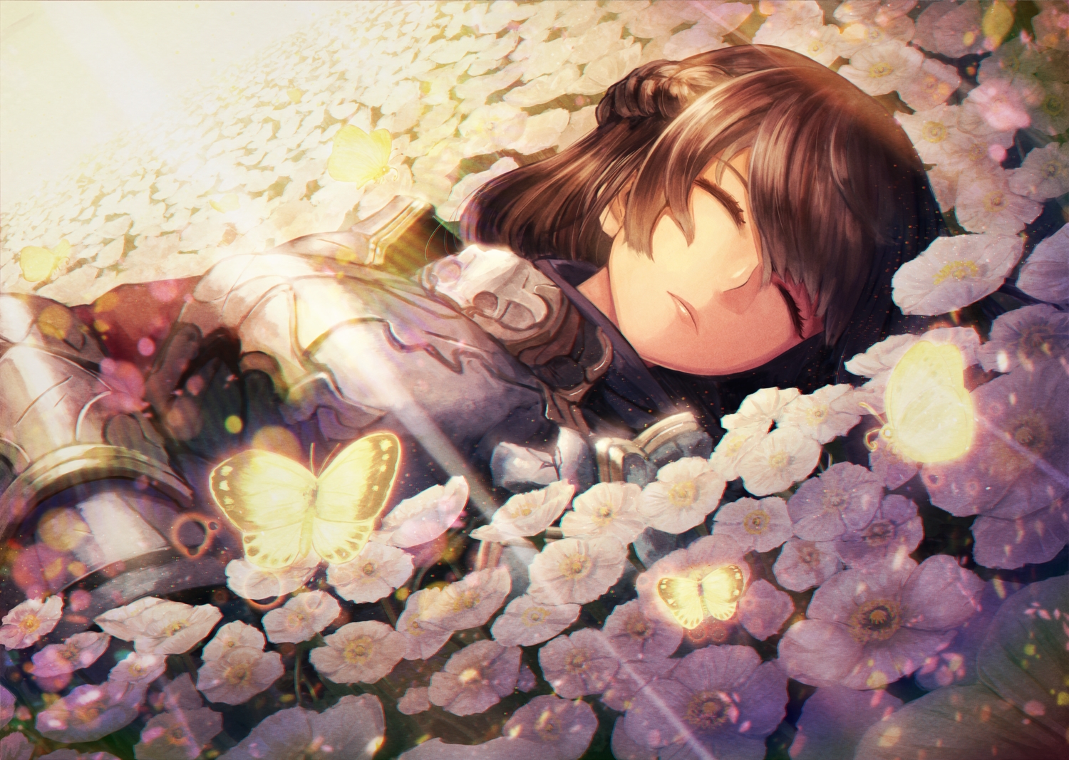 armor, braids, brown_hair, butterfly, flowers, kuroi_susumu, long_hair, original