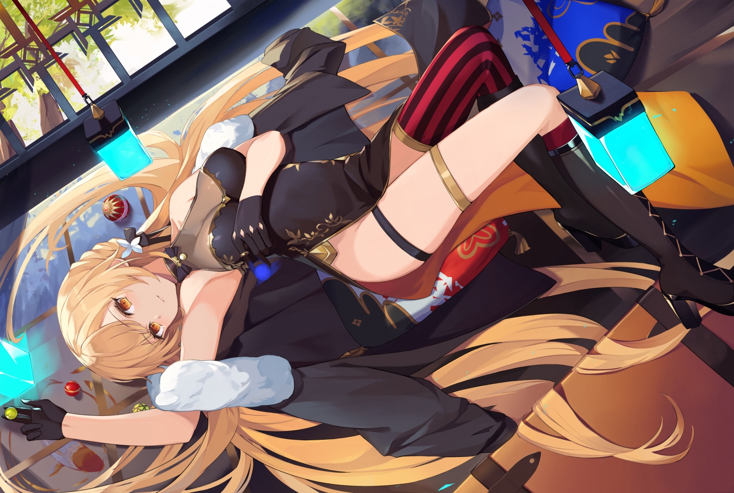 anthropomorphism, ball, blonde_hair, boots, braids, breast_hold, breasts, chinese_clothes
