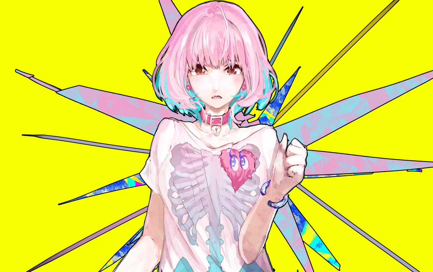 collar, idolmaster, idolmaster_cinderella_girls, pink_hair, red_eyes, short_hair, wristwear, yellow, yorurokujuu, yumemi_riamu